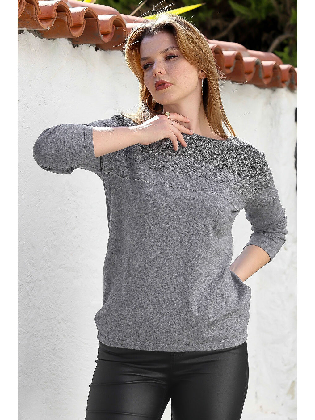 Gri Melanj Kayık Yaka Uzun Kol Simli Casual Triko Kazak 65 60