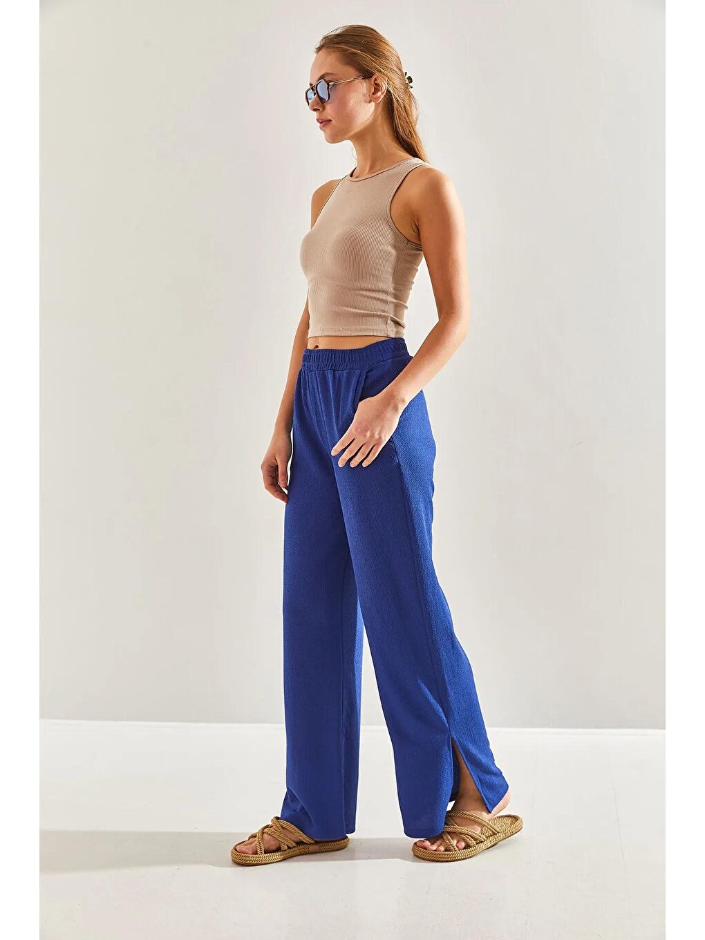 Mavi Kadın Beli Lastikli Palazzo Yan Yırtmaçlı Pantolon 60171010-3