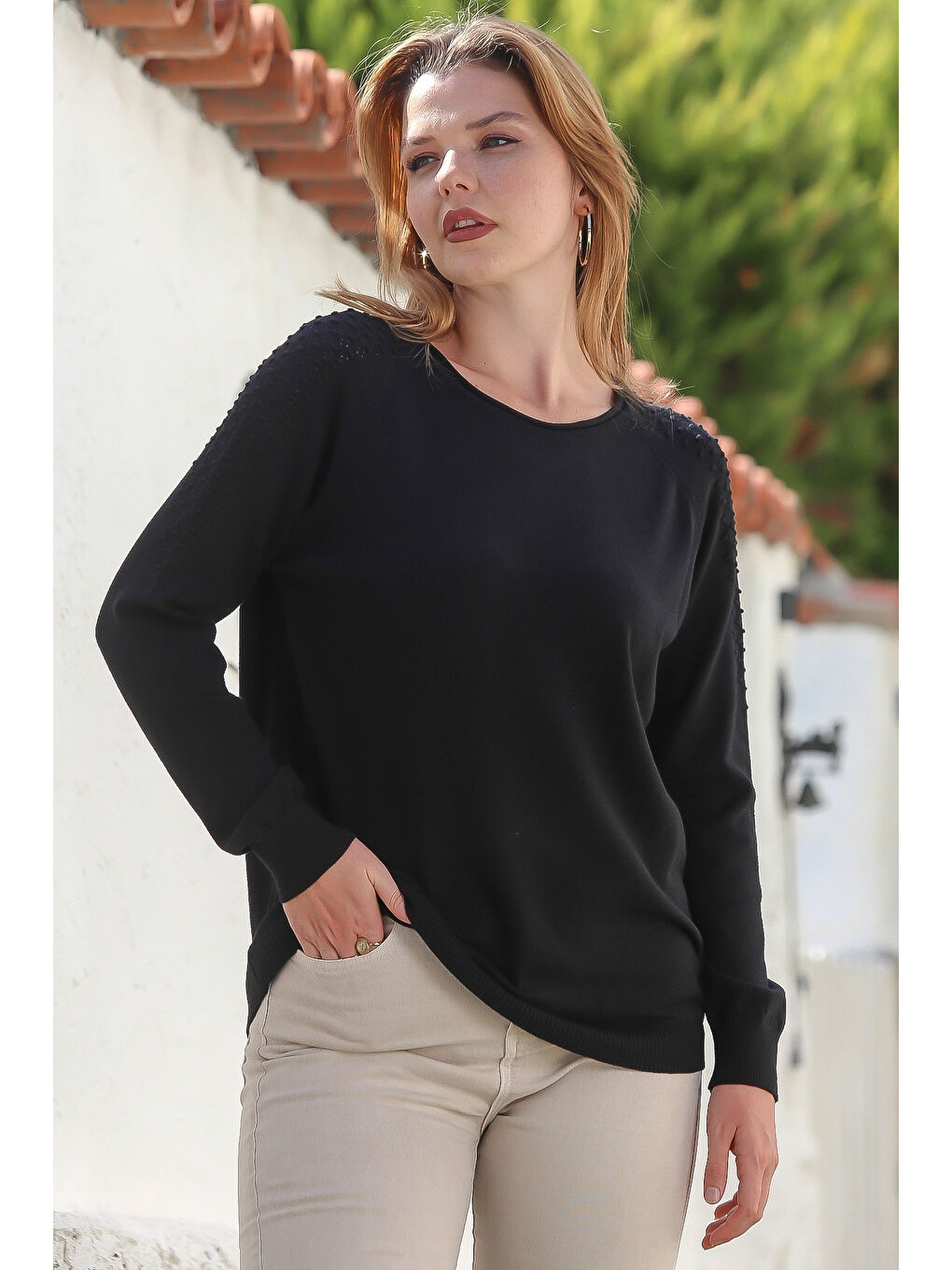 Siyah Kayık Yaka Reglan Kol Troklu Casual Ajur Örgü Triko Kazak 65 60-1