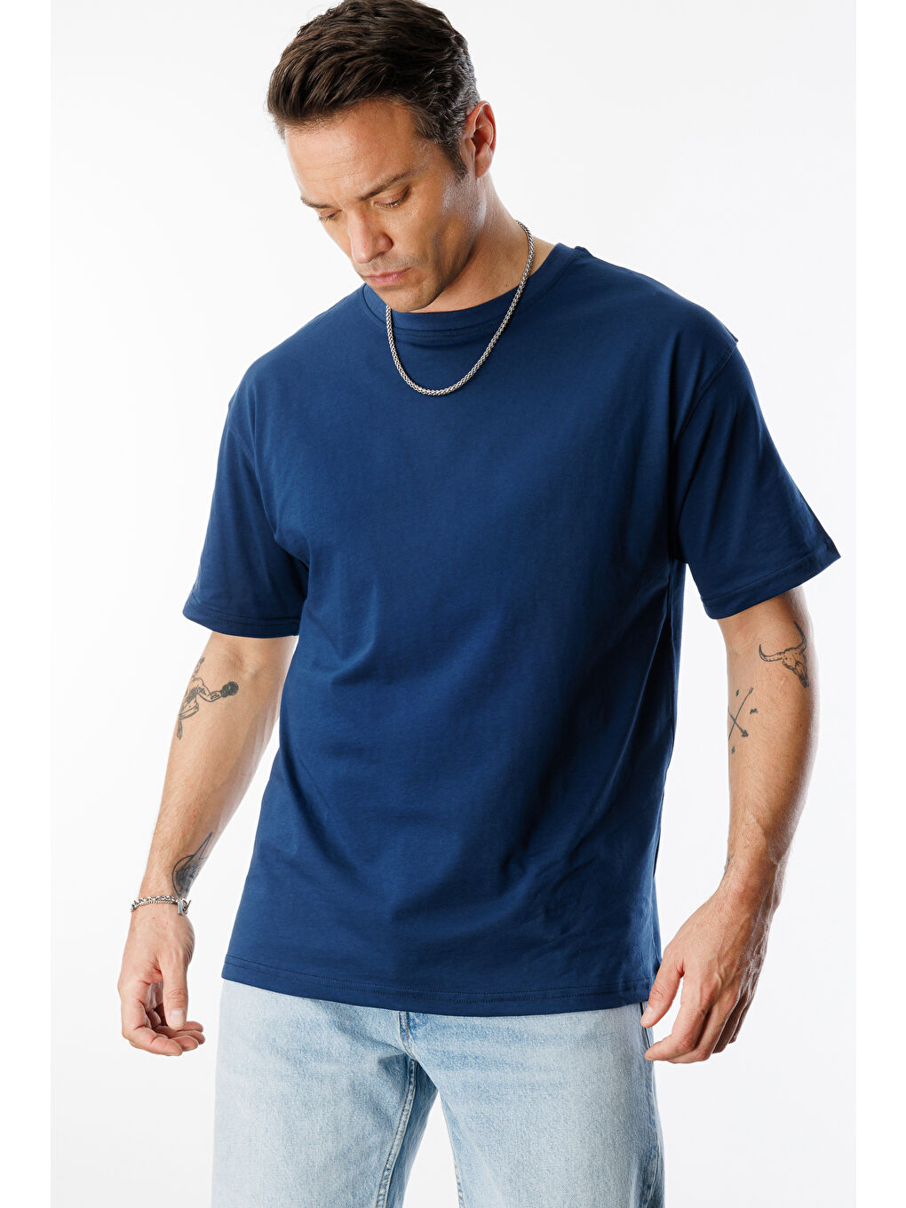 İndigo Erkek Oversize Fit %100 Organik Pamuk Bisiklet Yaka Tişört-4