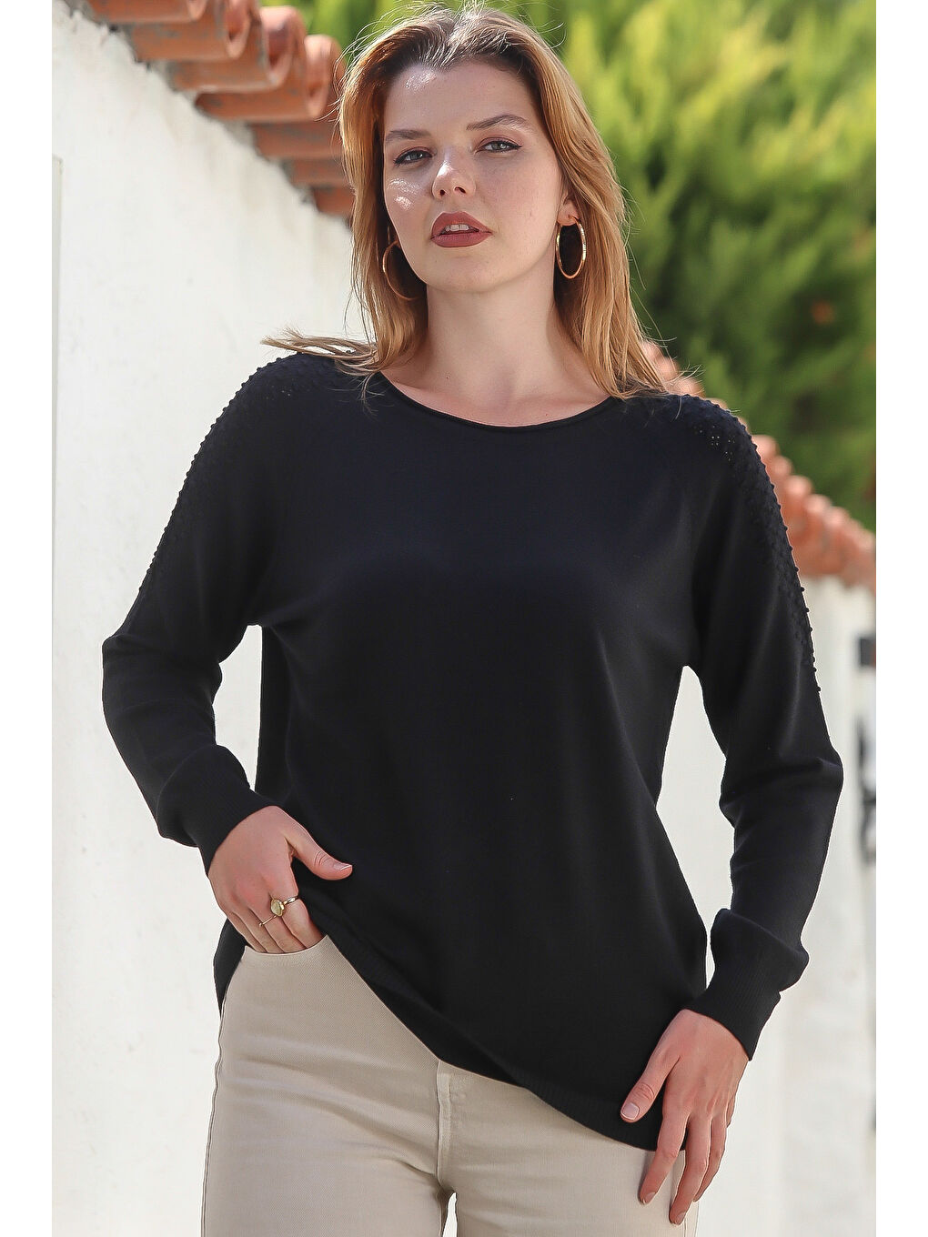 Siyah Kayık Yaka Reglan Kol Troklu Casual Ajur Örgü Triko Kazak 65 60-2