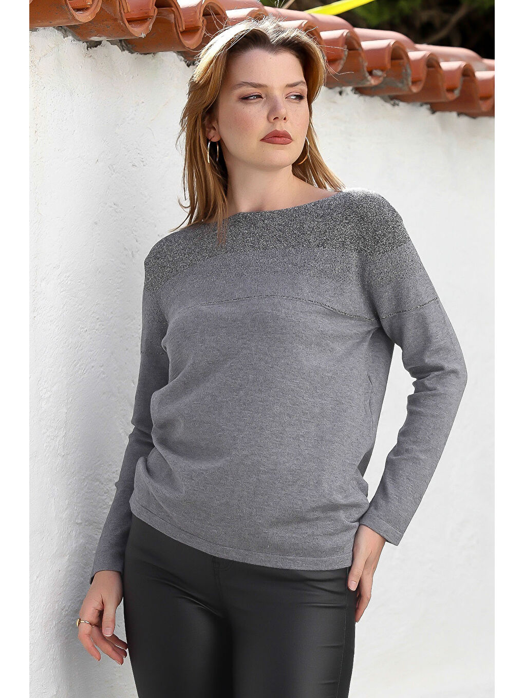 Gri Melanj Kayık Yaka Uzun Kol Simli Casual Triko Kazak 65 60-1