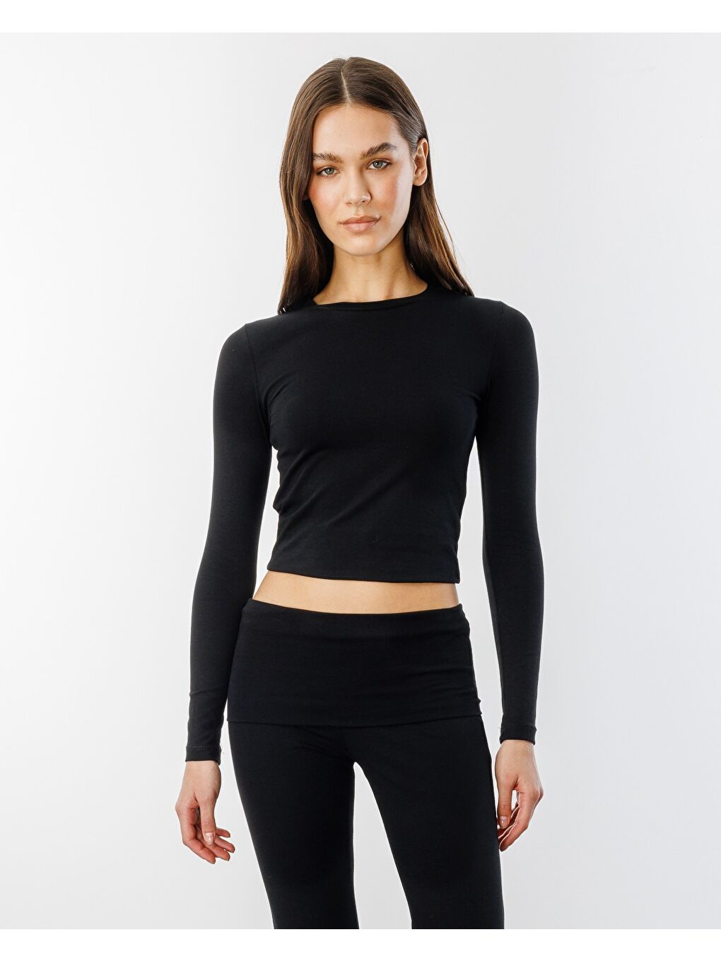 Siyah Uzun Kollu Kısa Kadın Bluz Long Fitted UZUNKOL-BLUZ-5