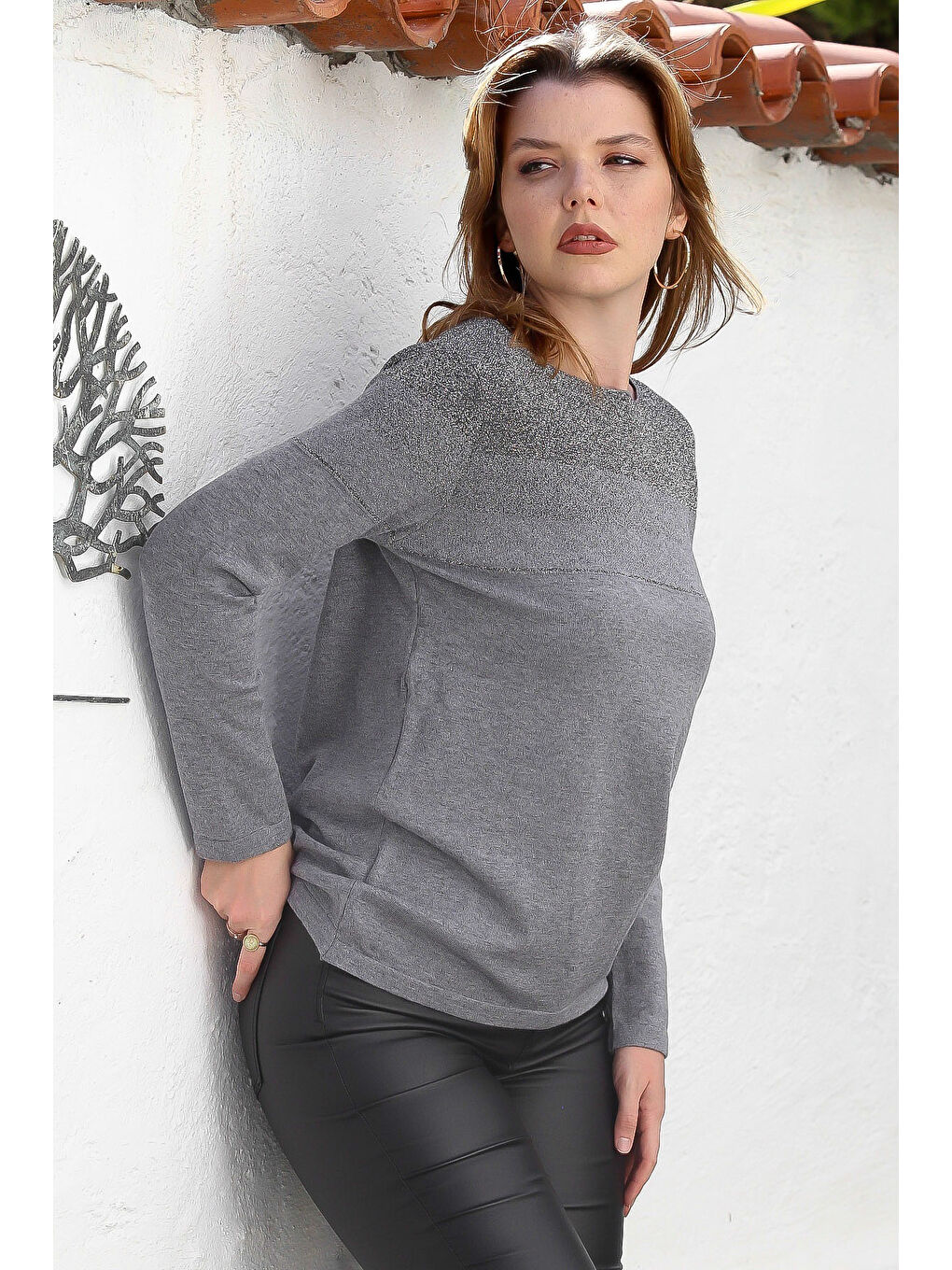 Gri Melanj Kayık Yaka Uzun Kol Simli Casual Triko Kazak 65 60-2