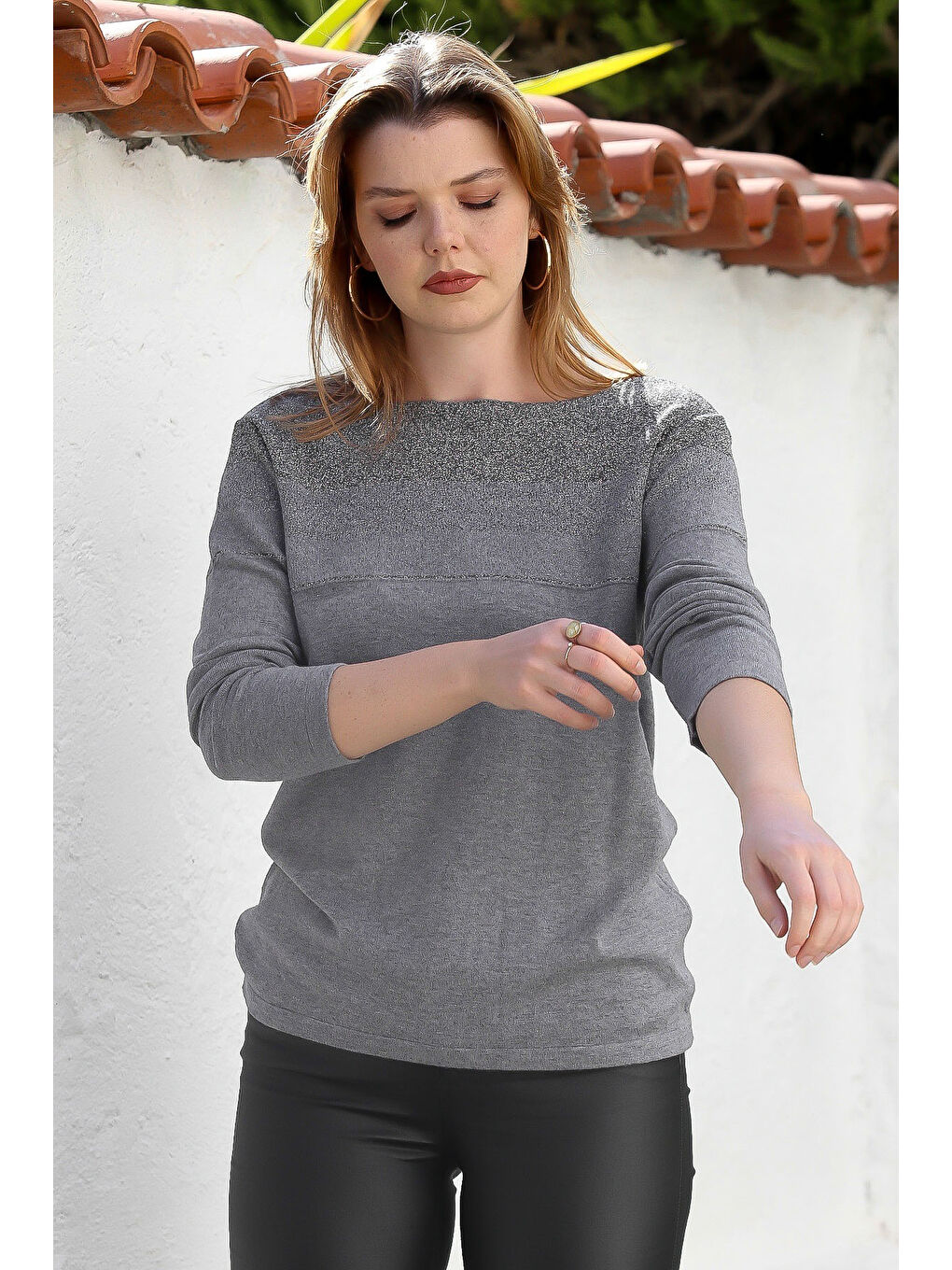 Gri Melanj Kayık Yaka Uzun Kol Simli Casual Triko Kazak 65 60-3