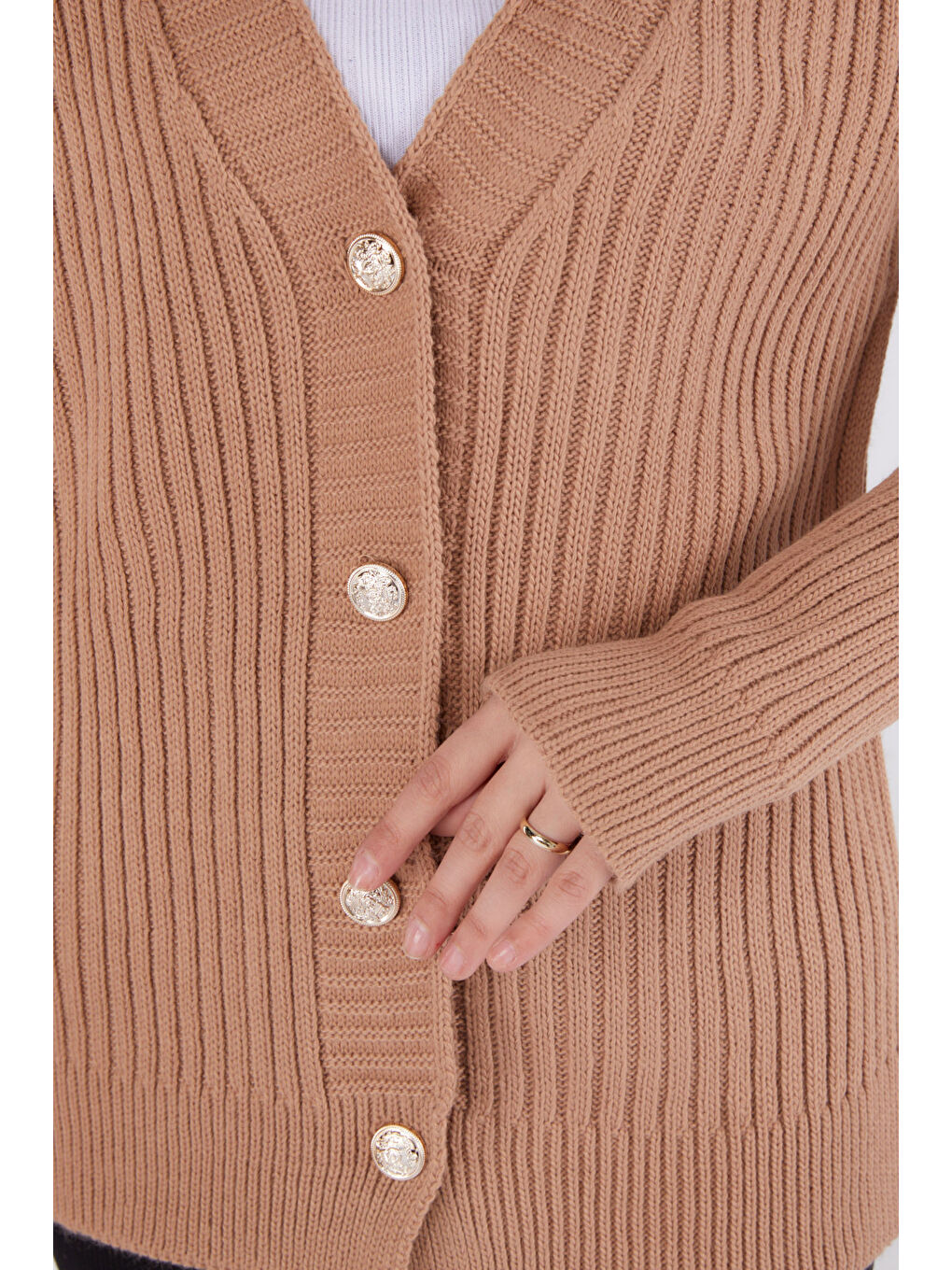 Kahverengi Düğmeli Fitilli Triko Hırka Kahve - 27665-6