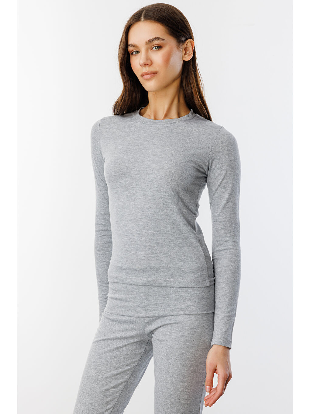 Gri Uzun Kollu Kısa Kadın Bluz Long Fitted UZUNKOL-BLUZ-2