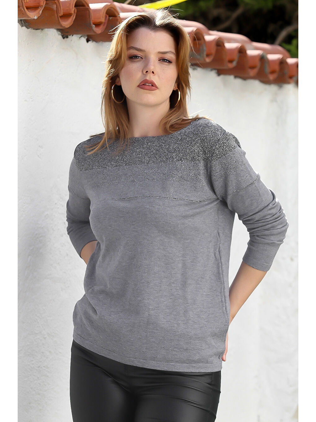 Gri Melanj Kayık Yaka Uzun Kol Simli Casual Triko Kazak 65 60-4