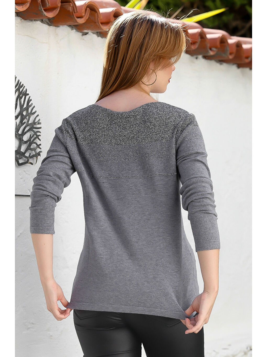 Gri Melanj Kayık Yaka Uzun Kol Simli Casual Triko Kazak 65 60-5