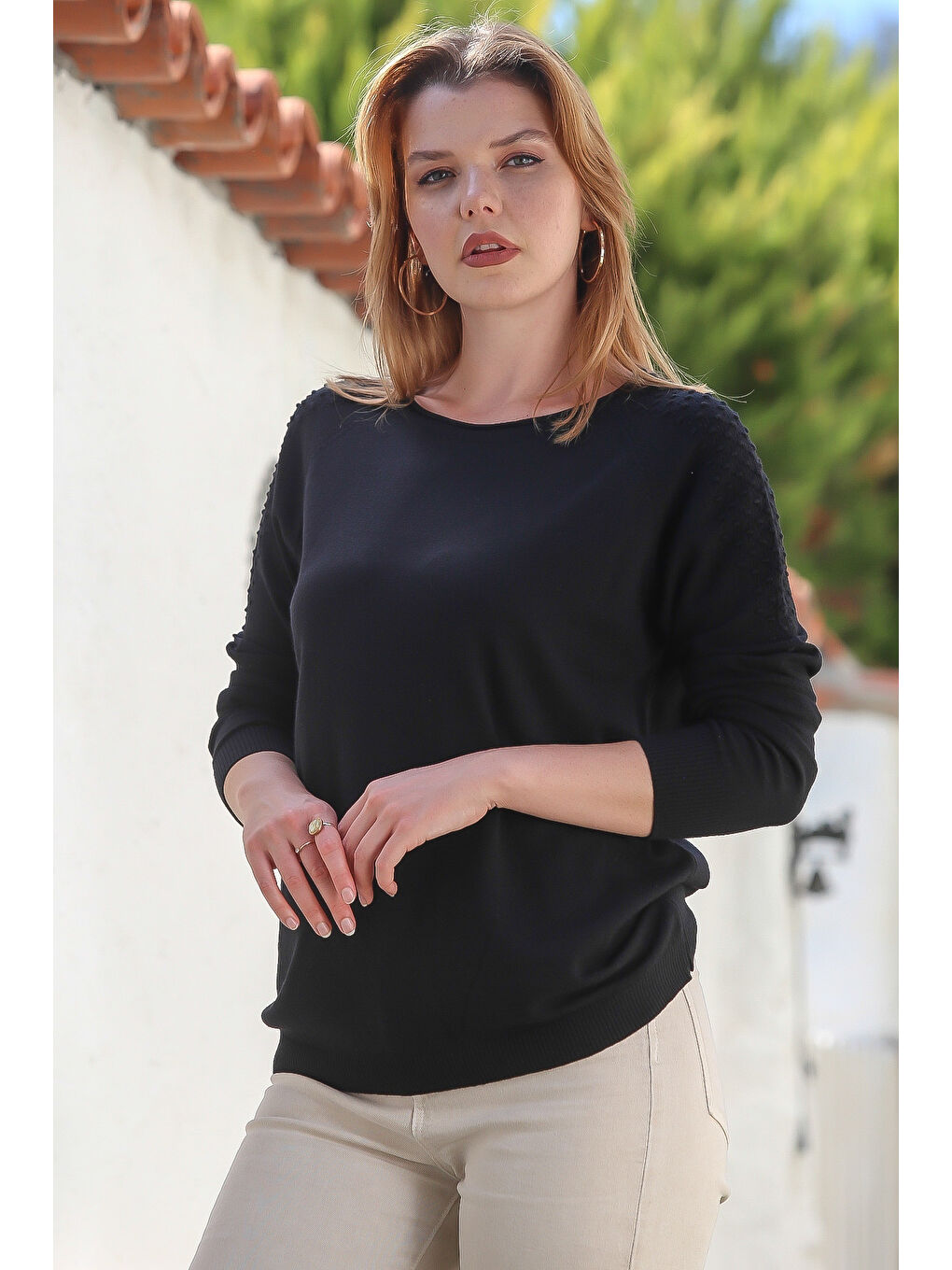 Siyah Kayık Yaka Reglan Kol Troklu Casual Ajur Örgü Triko Kazak 65 60-6