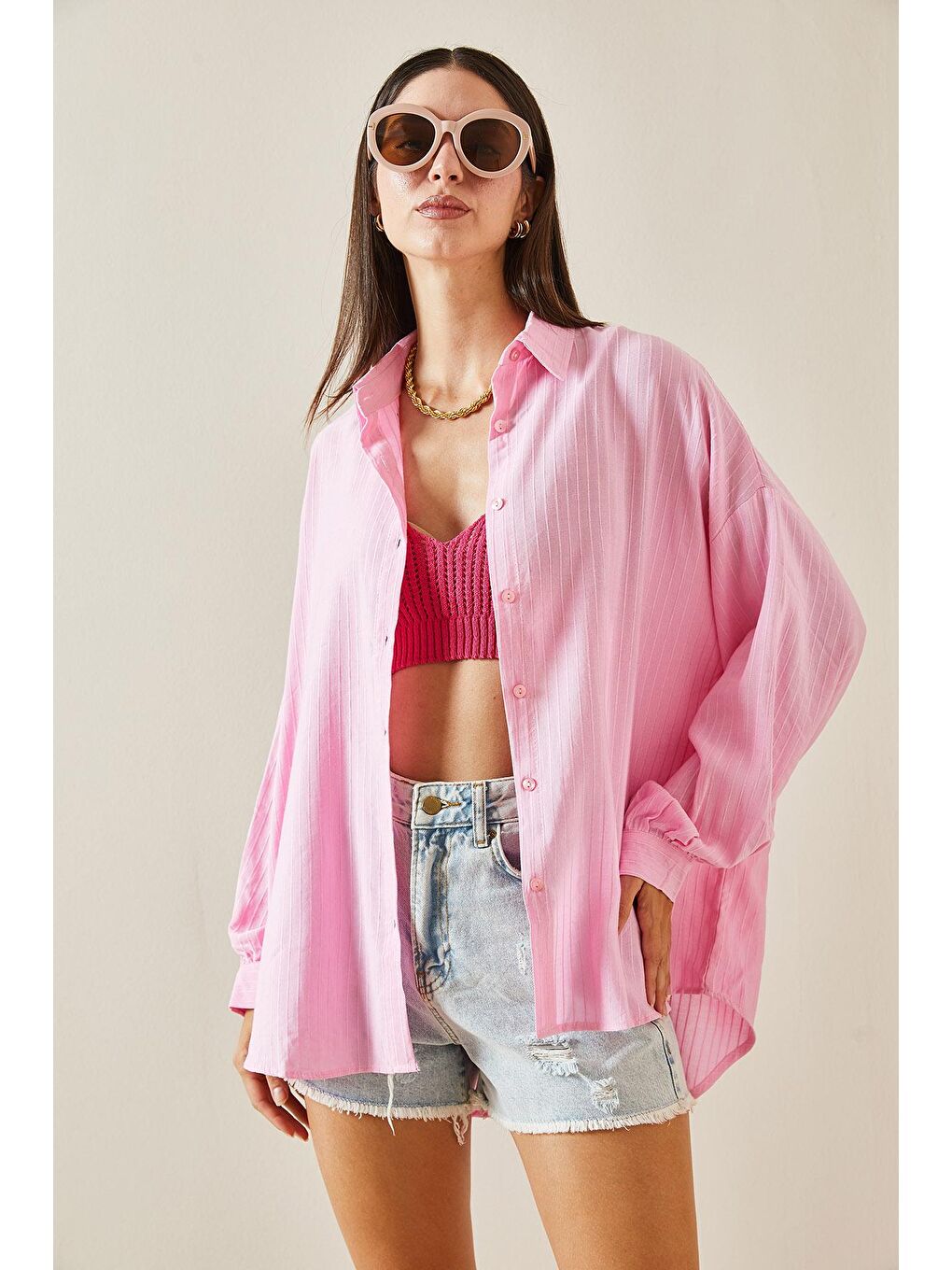 Pembe Çizgili Oversize Salaş Gömlek 5YXK2-48881-20-2