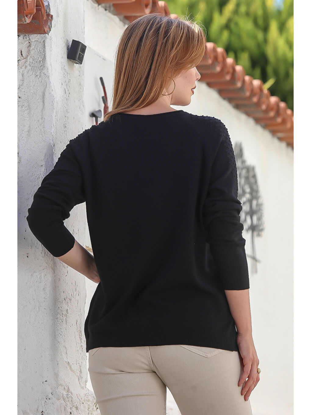 Siyah Kayık Yaka Reglan Kol Troklu Casual Ajur Örgü Triko Kazak 65 60-7