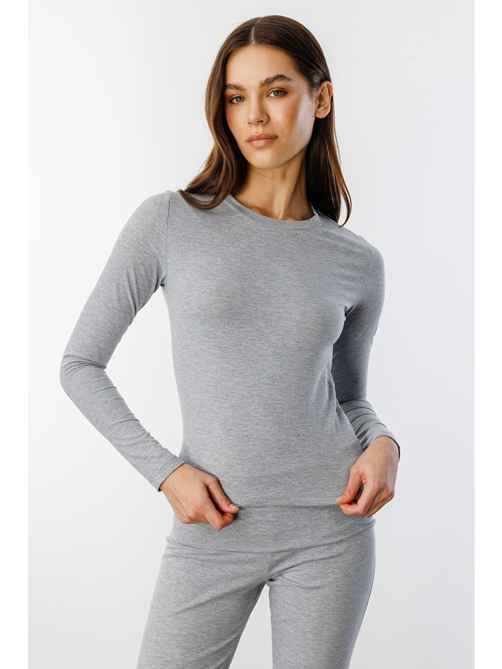 Gri Uzun Kollu Kısa Kadın Bluz Long Fitted UZUNKOL-BLUZ-4
