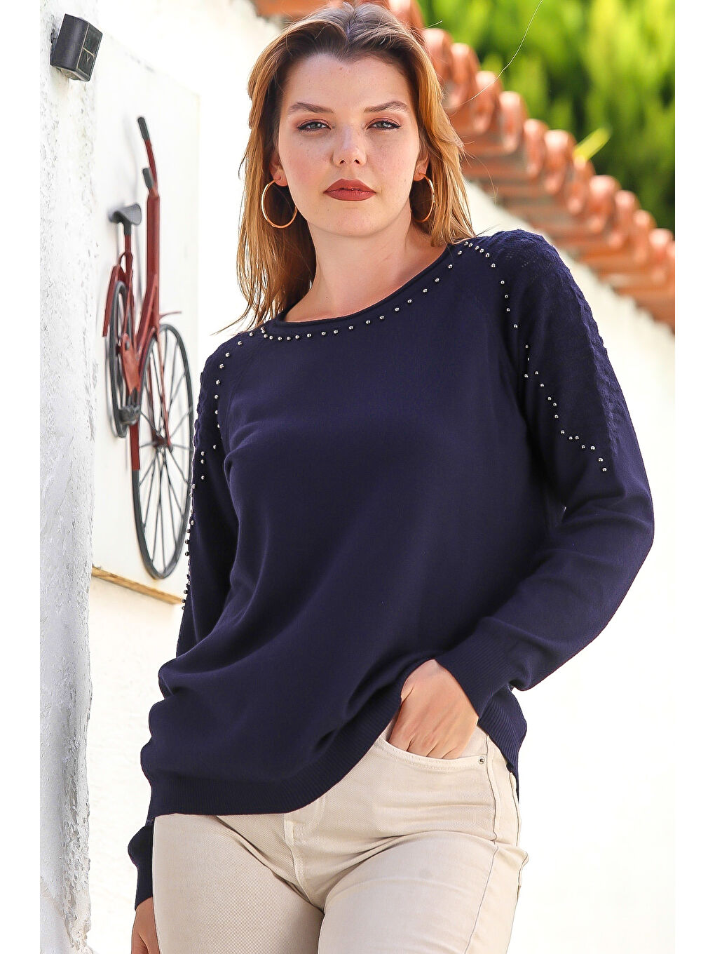 Lacivert Havuz Yaka Uzun Kol Troklu Casual Ajur Örgü Triko Kazak 65 60