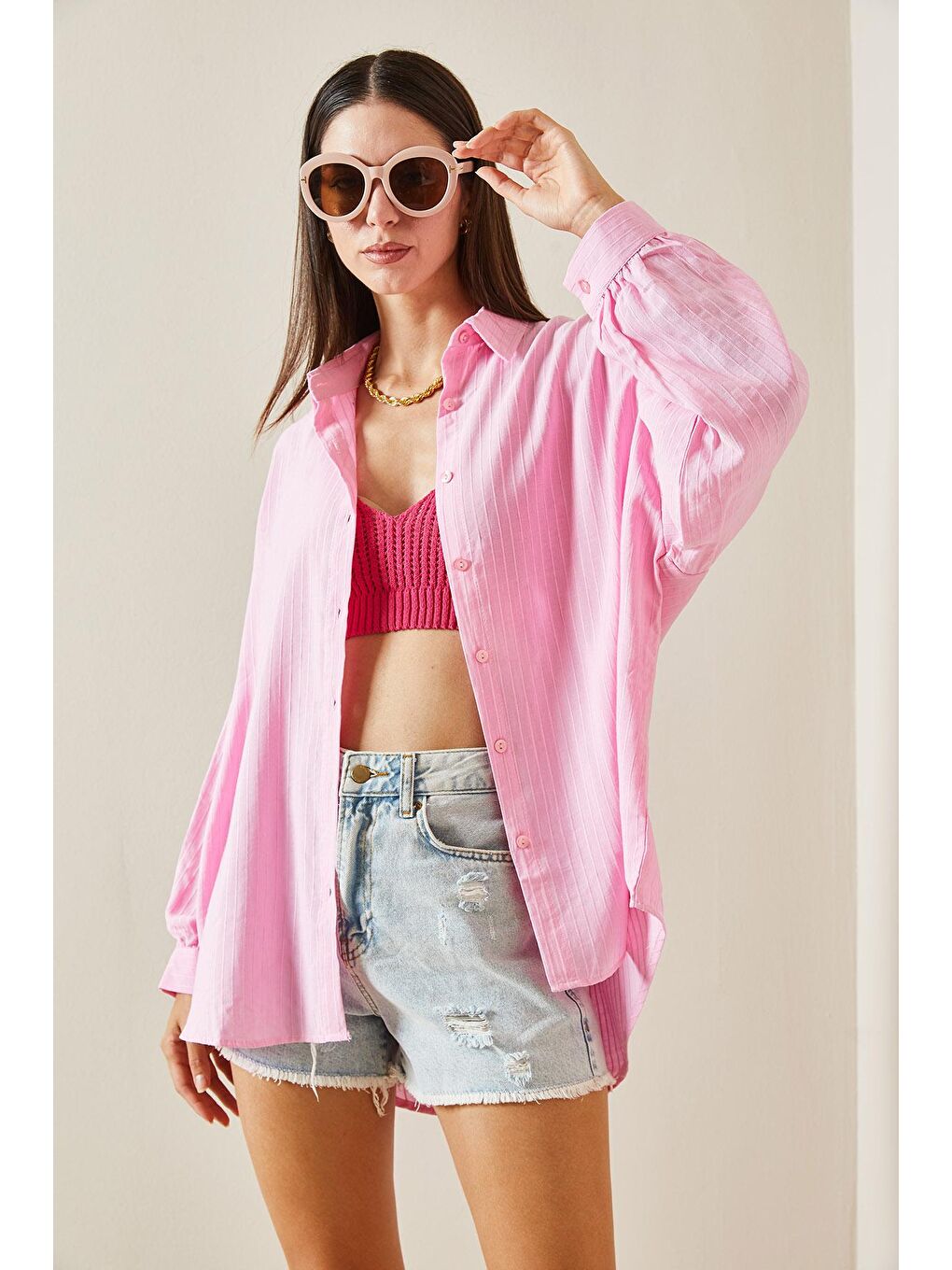 Pembe Çizgili Oversize Salaş Gömlek 5YXK2-48881-20-3