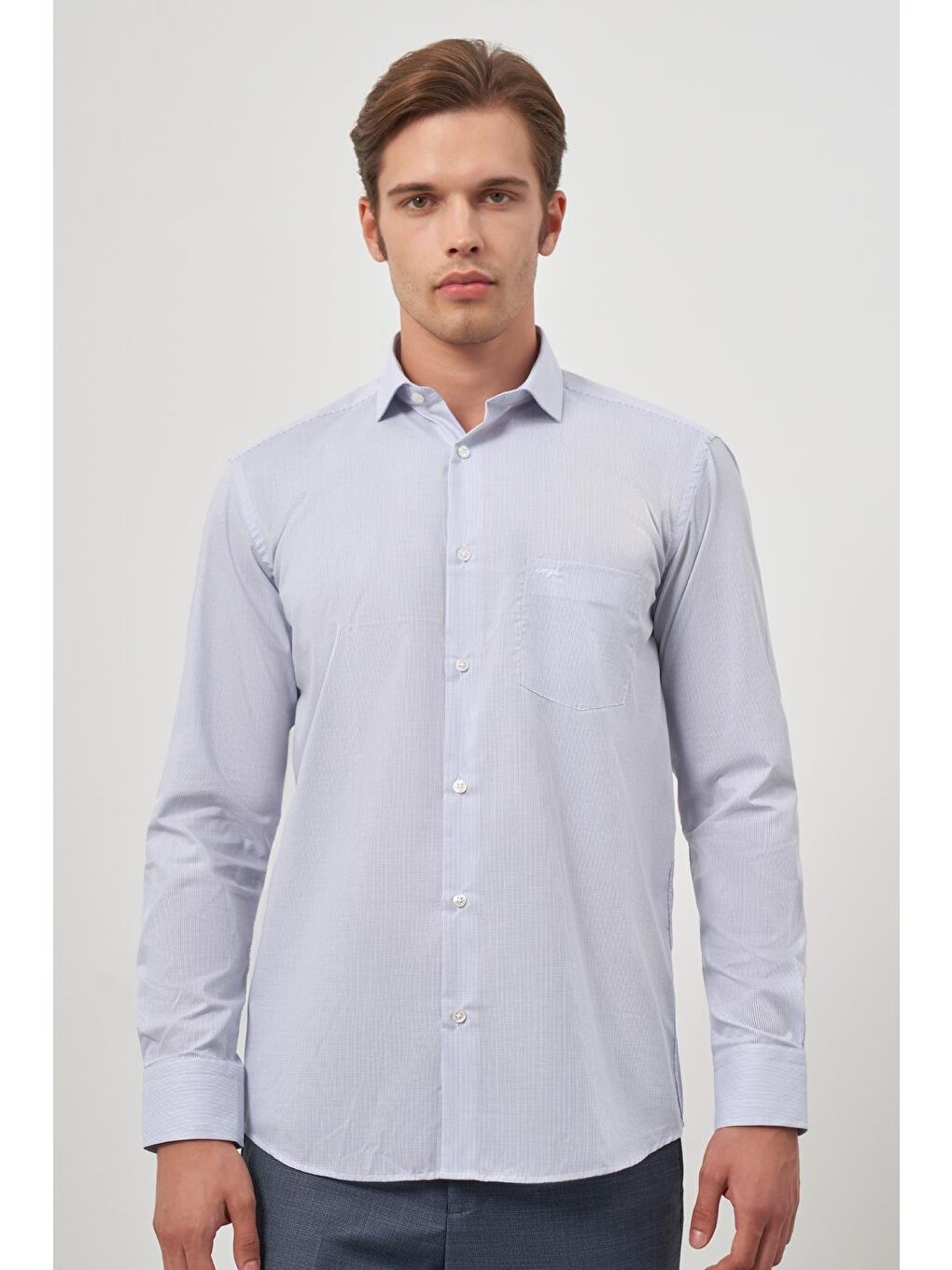 Mavi Uzun Kol Desen Yarım İtalyan Cepli Pamuklu Classic Comfort Fit Gömlek 1004245174