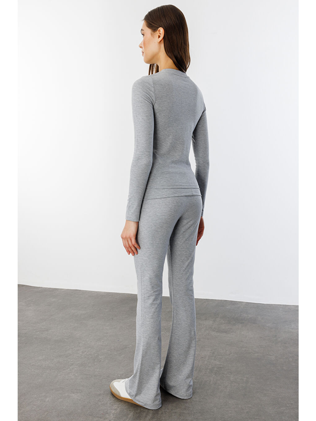 Gri Uzun Kollu Kısa Kadın Bluz Long Fitted UZUNKOL-BLUZ-5