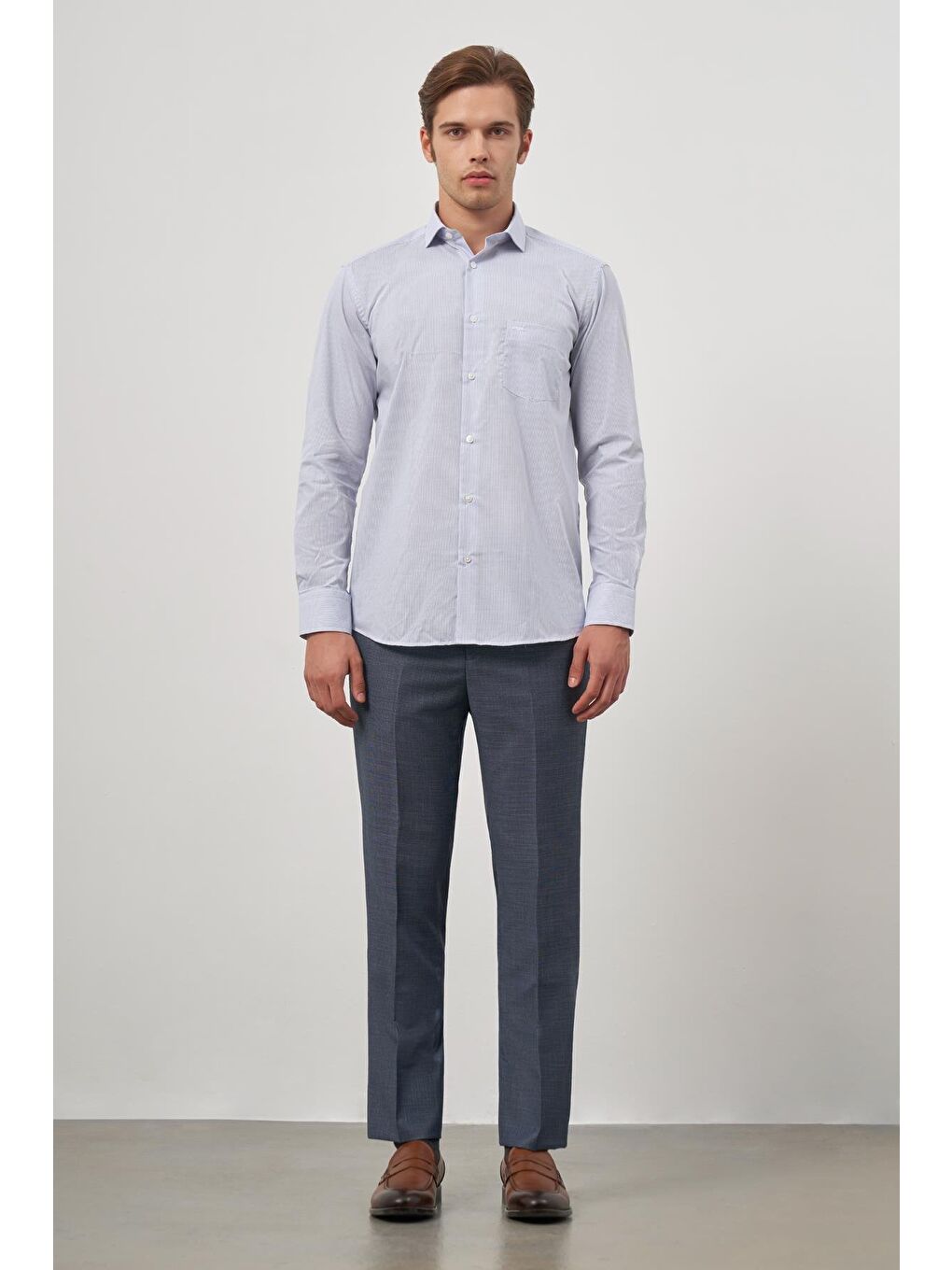 Mavi Uzun Kol Desen Yarım İtalyan Cepli Pamuklu Classic Comfort Fit Gömlek 1004245174-1