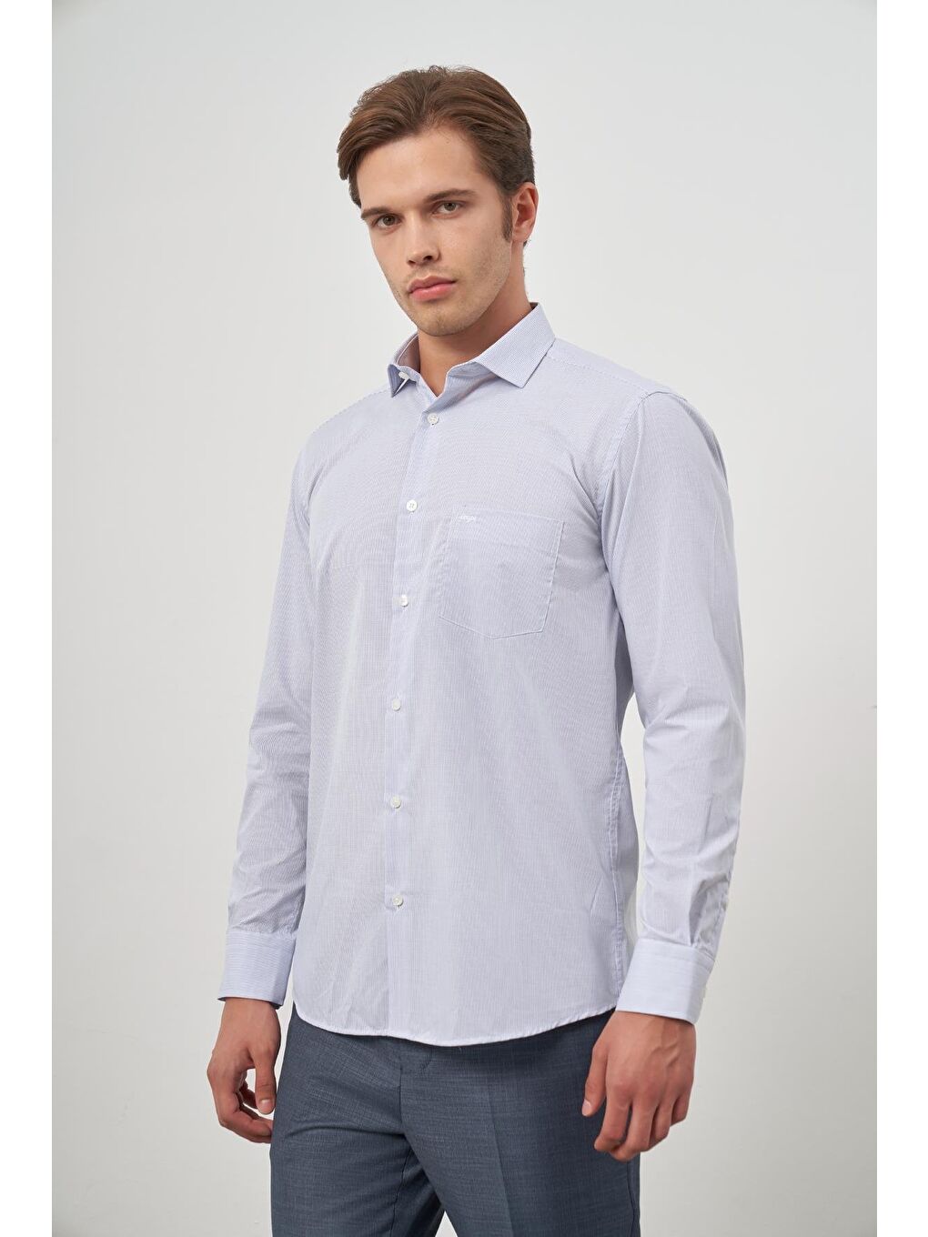 Mavi Uzun Kol Desen Yarım İtalyan Cepli Pamuklu Classic Comfort Fit Gömlek 1004245174-2