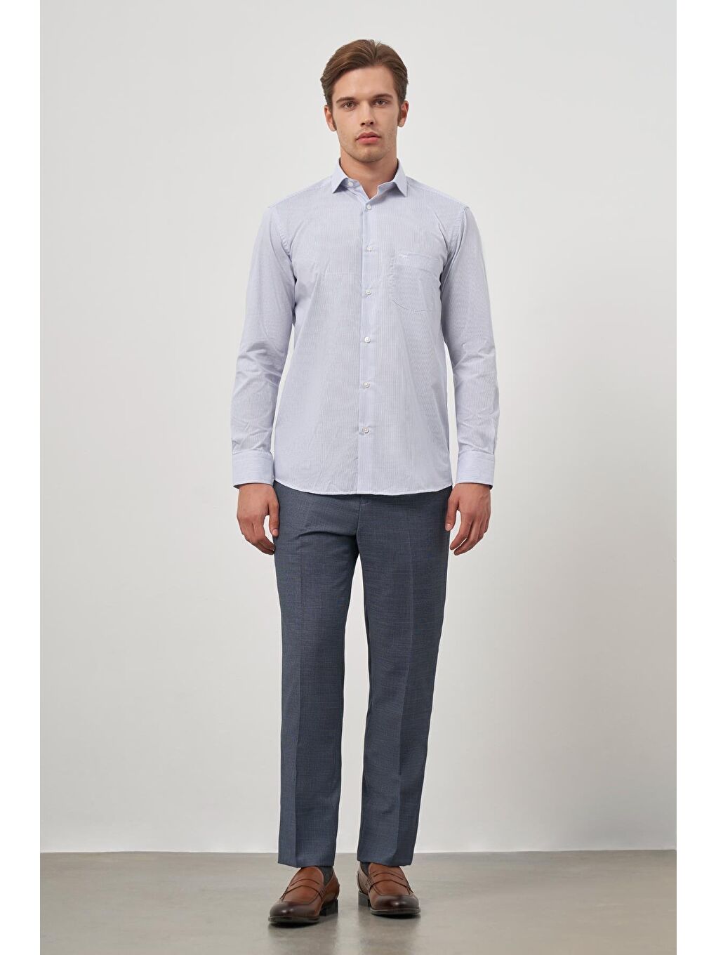Mavi Uzun Kol Desen Yarım İtalyan Cepli Pamuklu Classic Comfort Fit Gömlek 1004245174-3