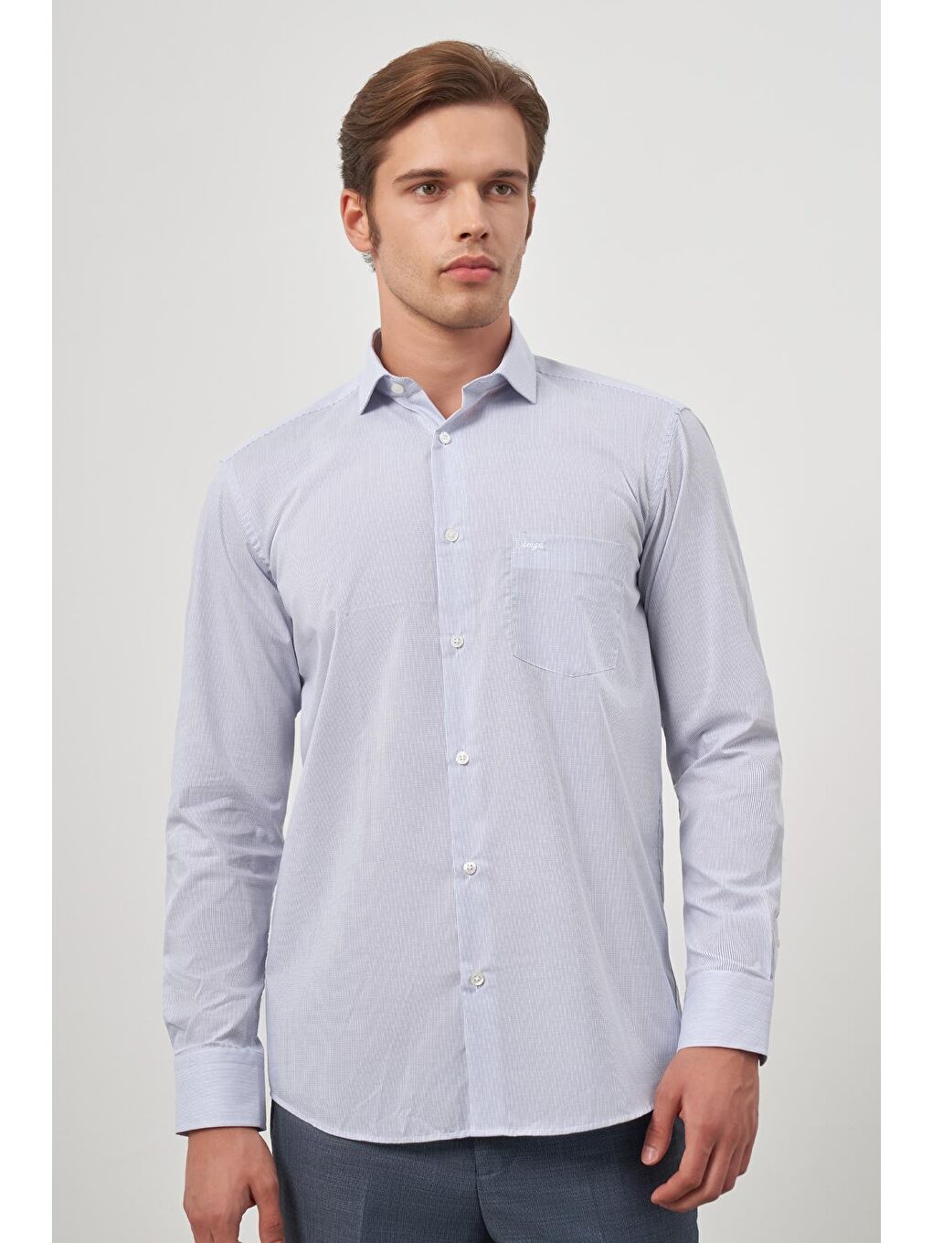 Mavi Uzun Kol Desen Yarım İtalyan Cepli Pamuklu Classic Comfort Fit Gömlek 1004245174-4
