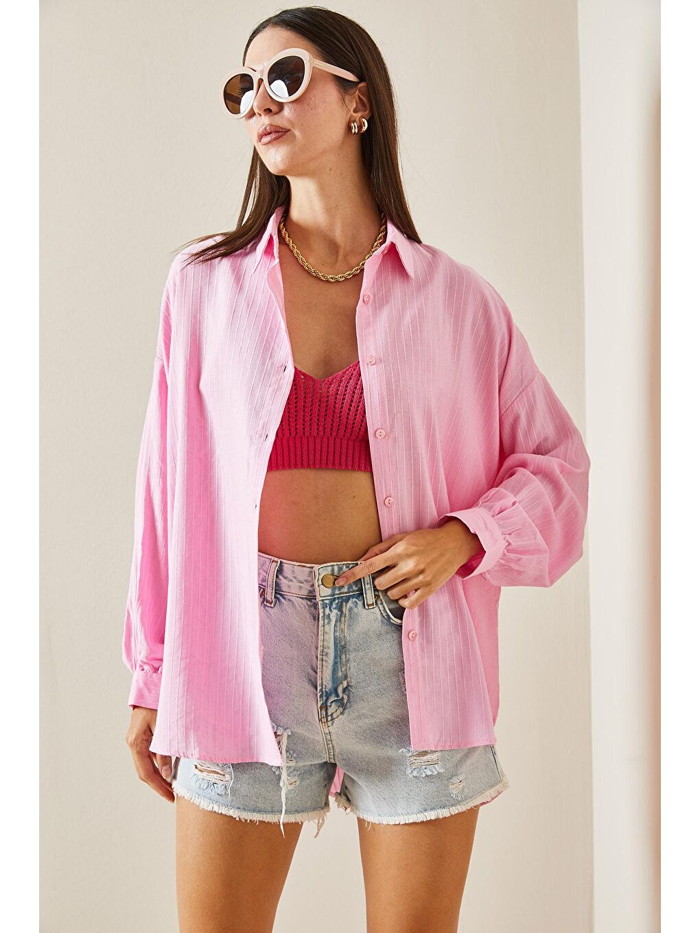 Pembe Çizgili Oversize Salaş Gömlek 5YXK2-48881-20-4