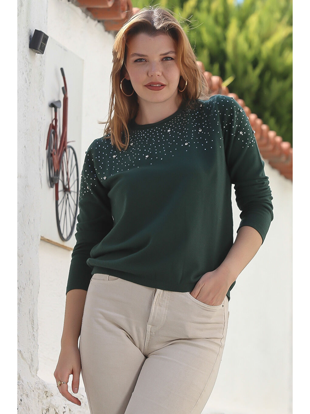 Koyu Yeşil Yuvarlak Yaka Uzun Kol Taşlı Troklu Casual Triko Kazak 65 60-2