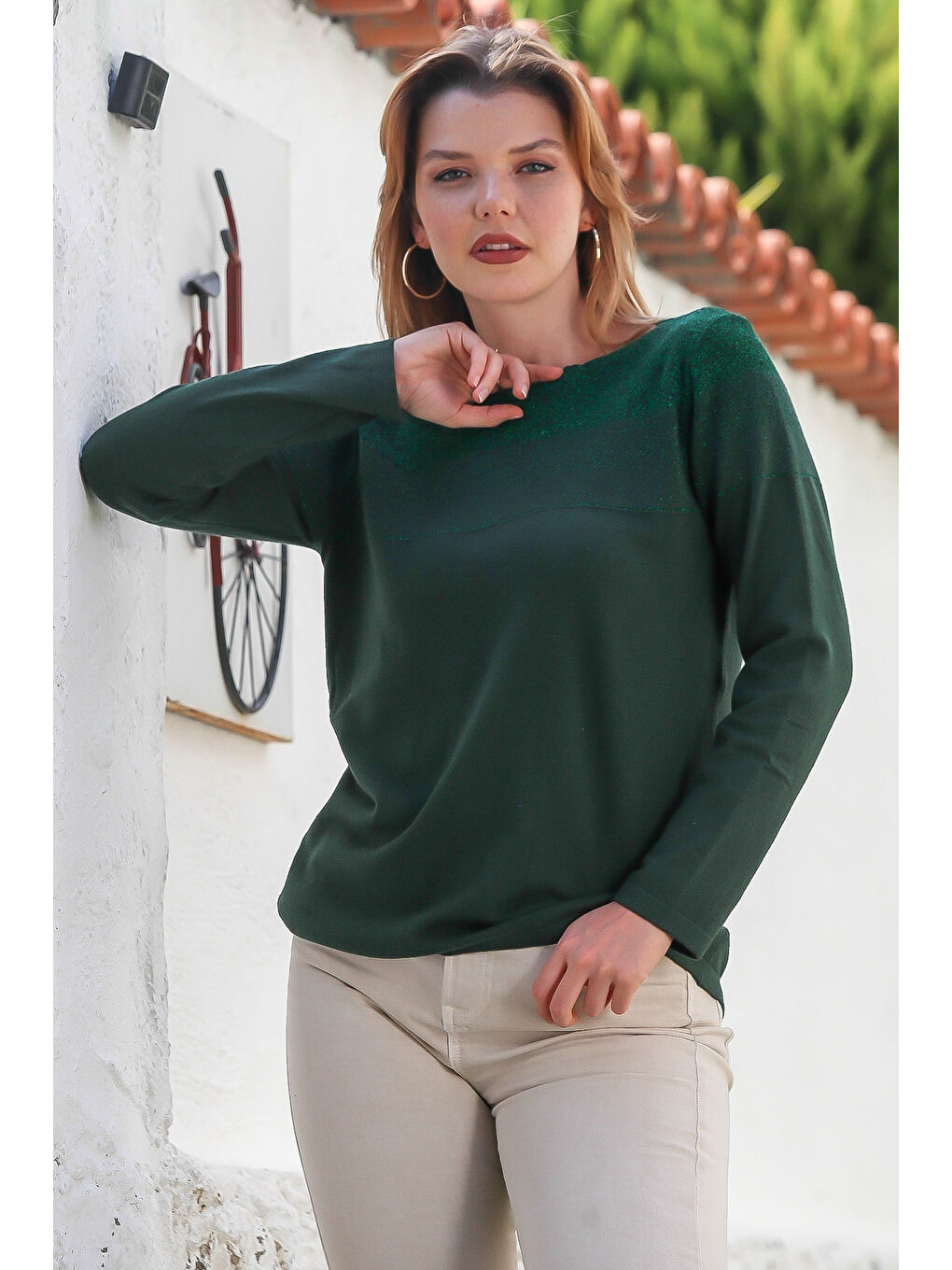 Koyu Yeşil Kayık Yaka Uzun Kol Simli Casual Triko Kazak 65 60-2