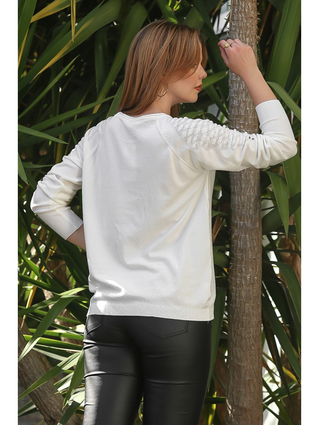 Ekru Yuvarlak Yaka Uzun Kol Troklu Casual Ajur Örgü Triko Kazak 65 60-5