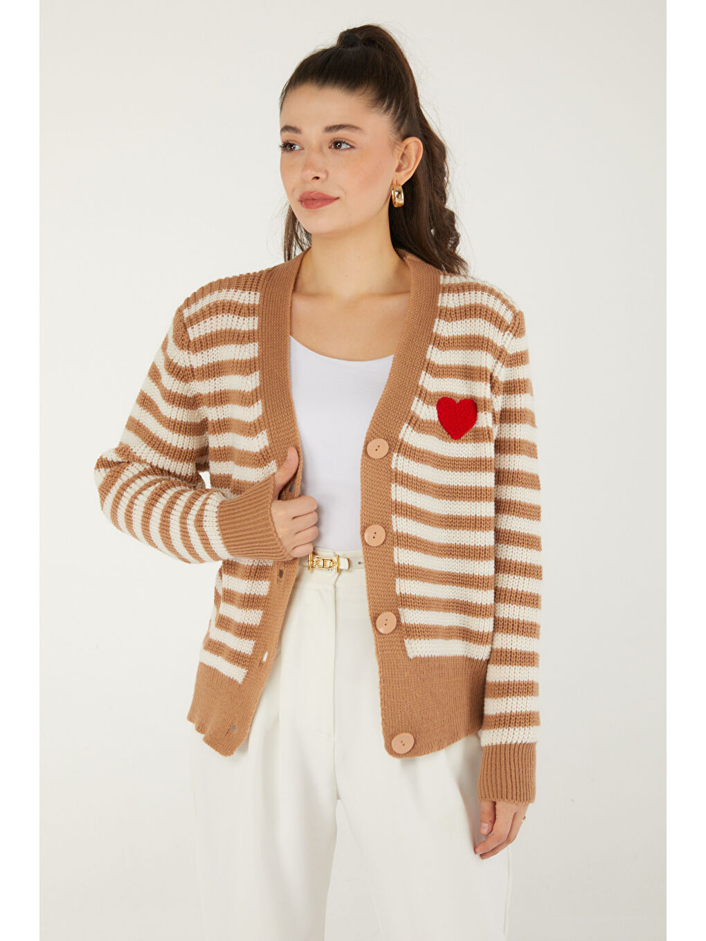 Bej Çizgili Kalpli Triko Hırka Vizon - 27637-2