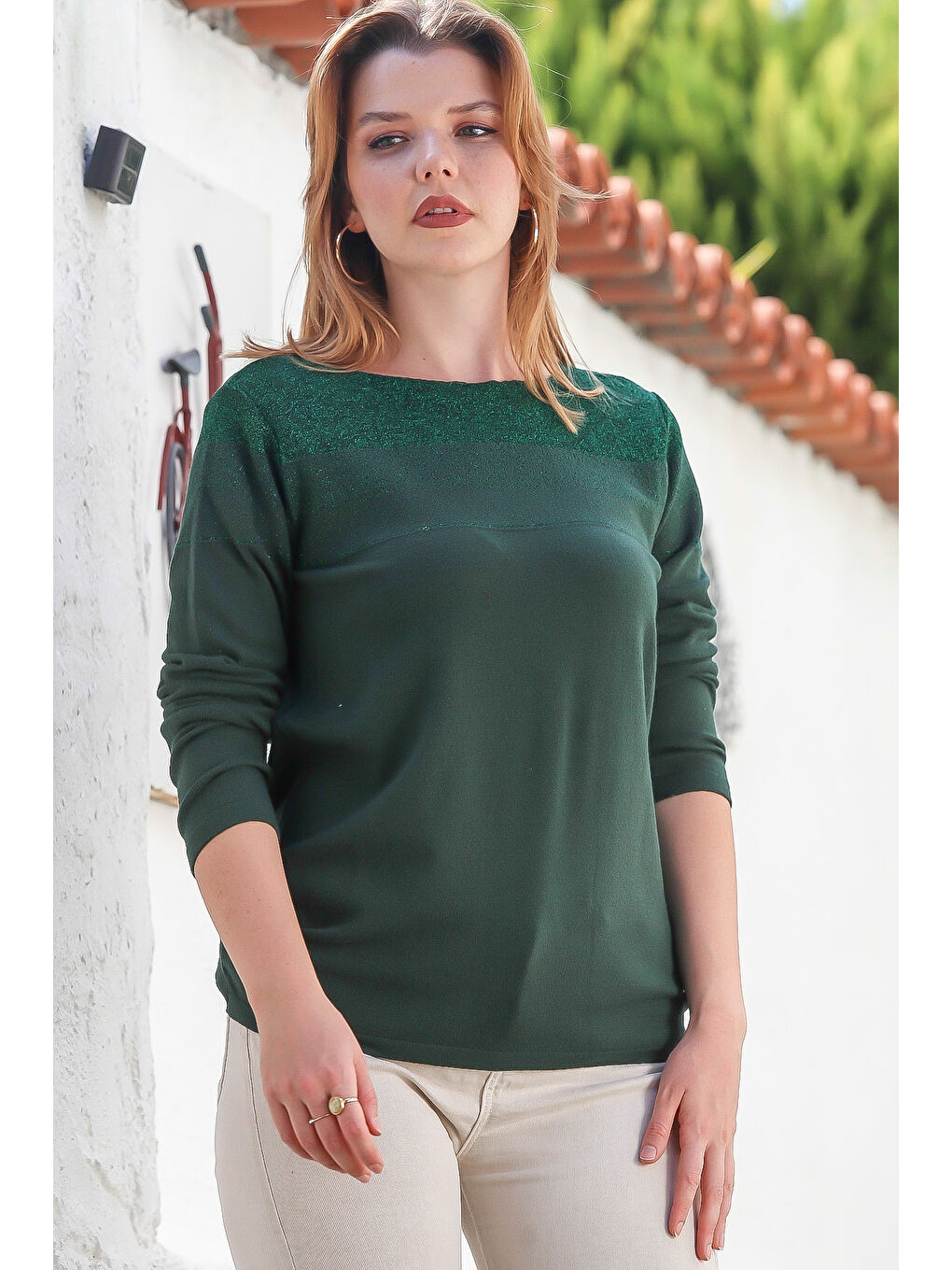 Koyu Yeşil Kayık Yaka Uzun Kol Simli Casual Triko Kazak 65 60-5