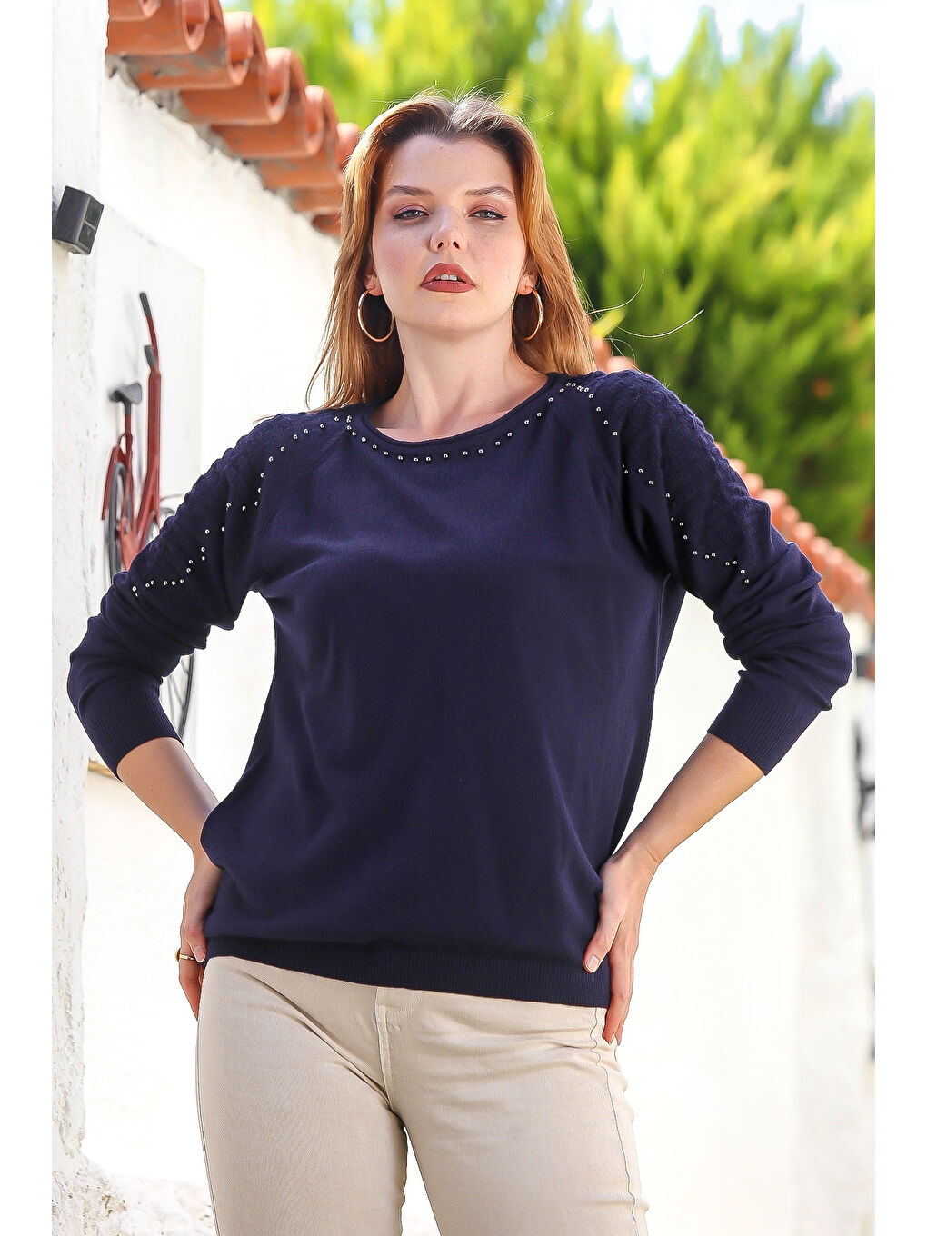 Lacivert Havuz Yaka Uzun Kol Troklu Casual Ajur Örgü Triko Kazak 65 60-4