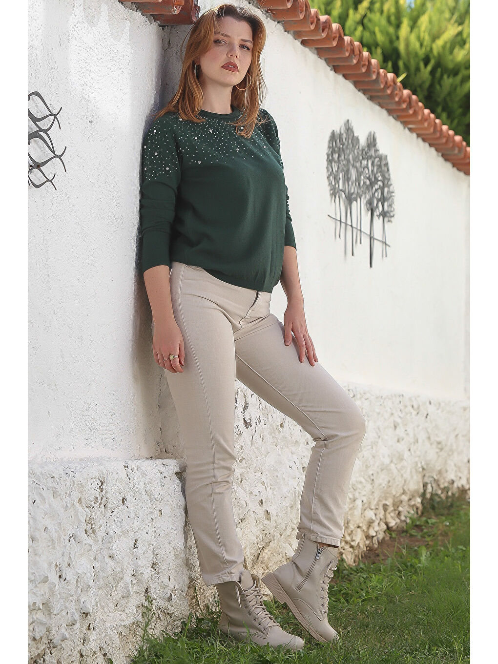 Koyu Yeşil Yuvarlak Yaka Uzun Kol Taşlı Troklu Casual Triko Kazak 65 60-5