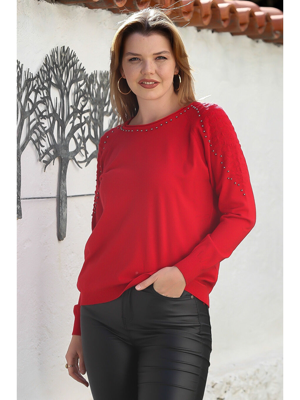 Kırmızı Havuz Yaka Uzun Kol Troklu Casual Ajur Örgü Triko Kazak 65 60-1