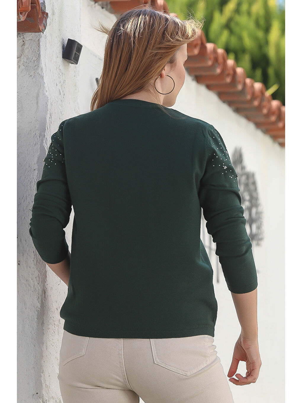 Koyu Yeşil Yuvarlak Yaka Uzun Kol Taşlı Troklu Casual Triko Kazak 65 60-6