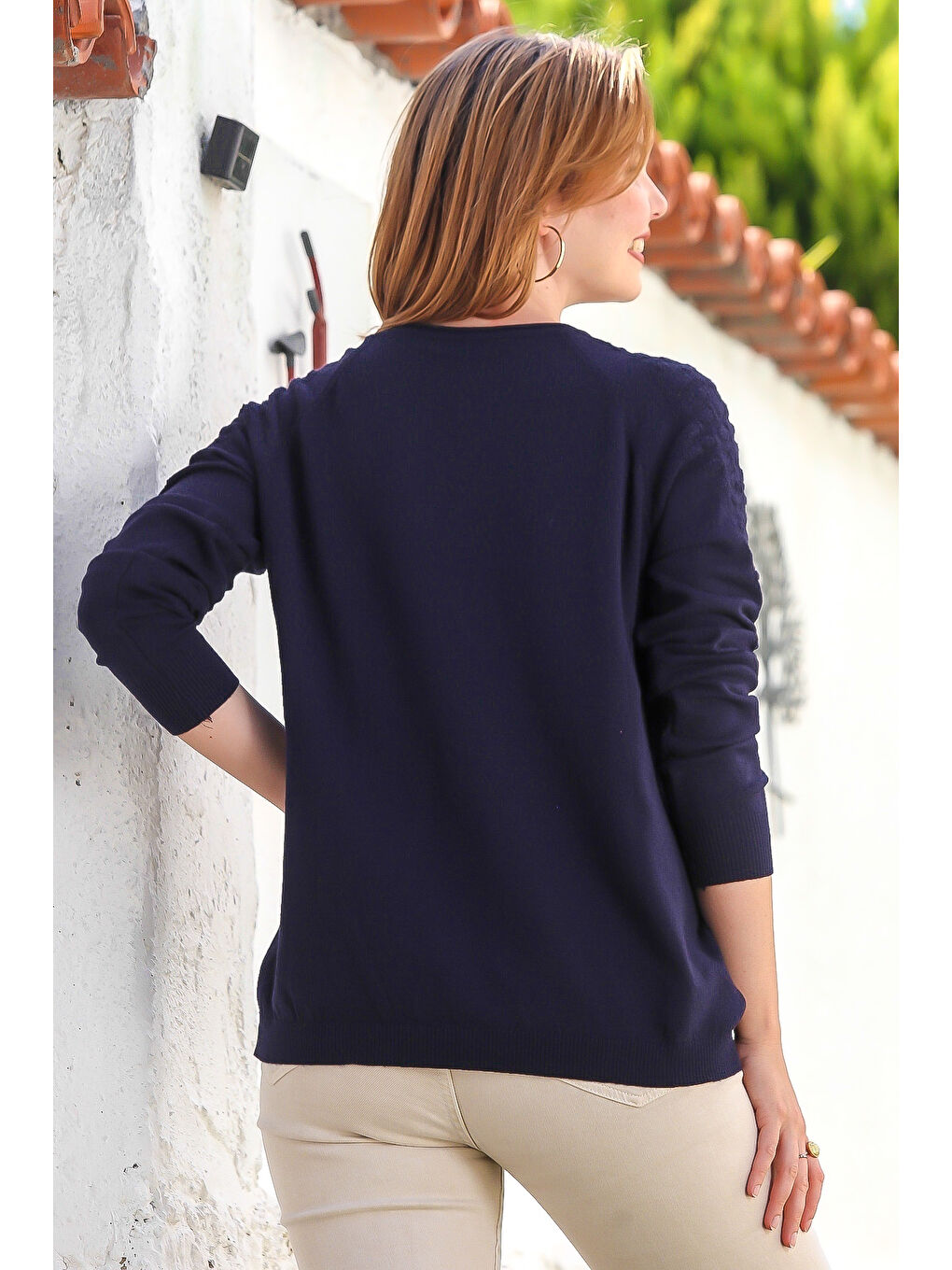 Lacivert Havuz Yaka Uzun Kol Troklu Casual Ajur Örgü Triko Kazak 65 60-6