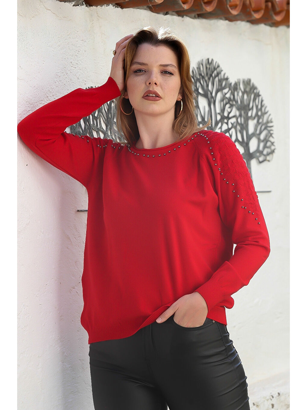 Kırmızı Havuz Yaka Uzun Kol Troklu Casual Ajur Örgü Triko Kazak 65 60-2