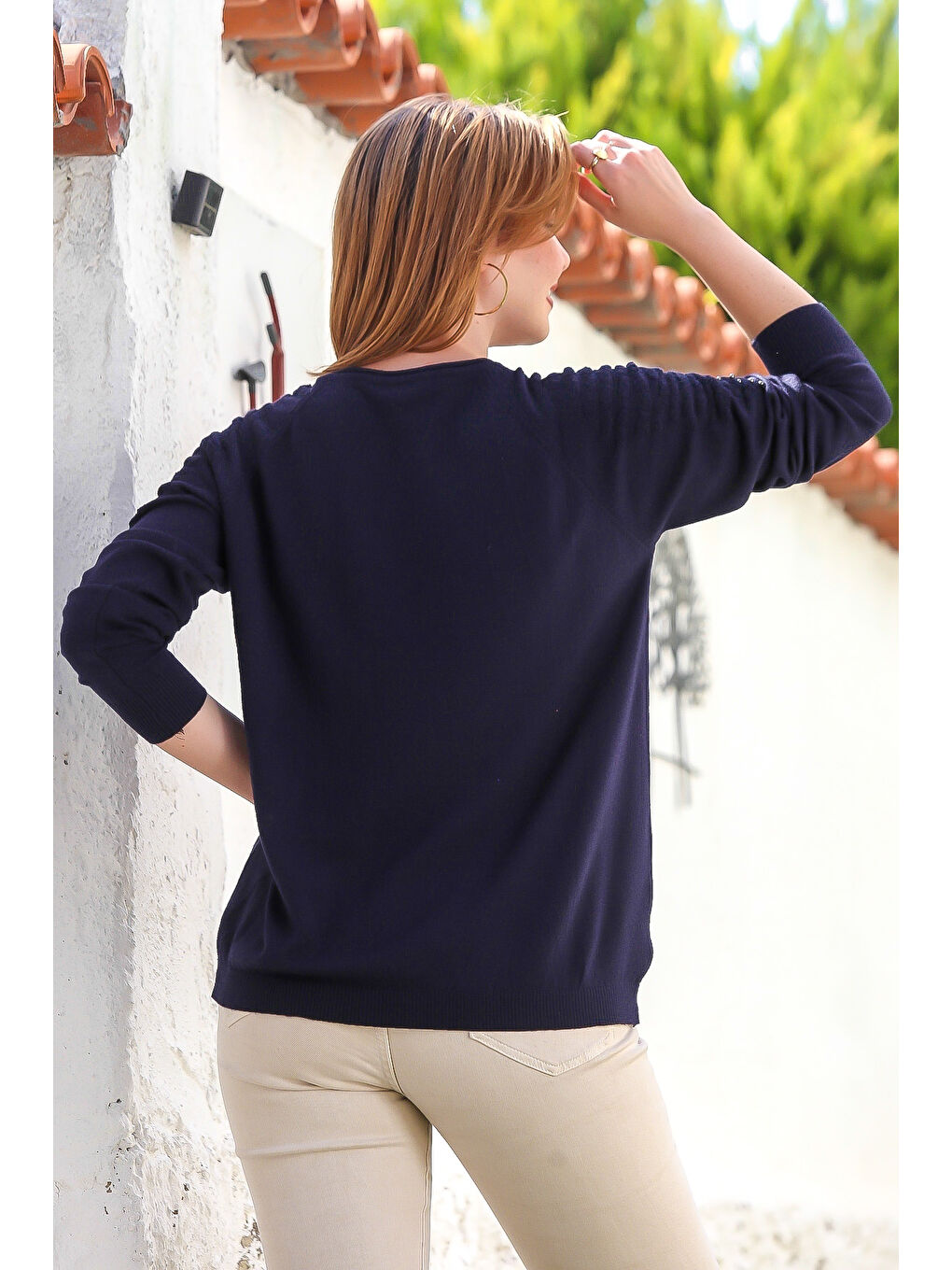 Lacivert Havuz Yaka Uzun Kol Troklu Casual Ajur Örgü Triko Kazak 65 60-7