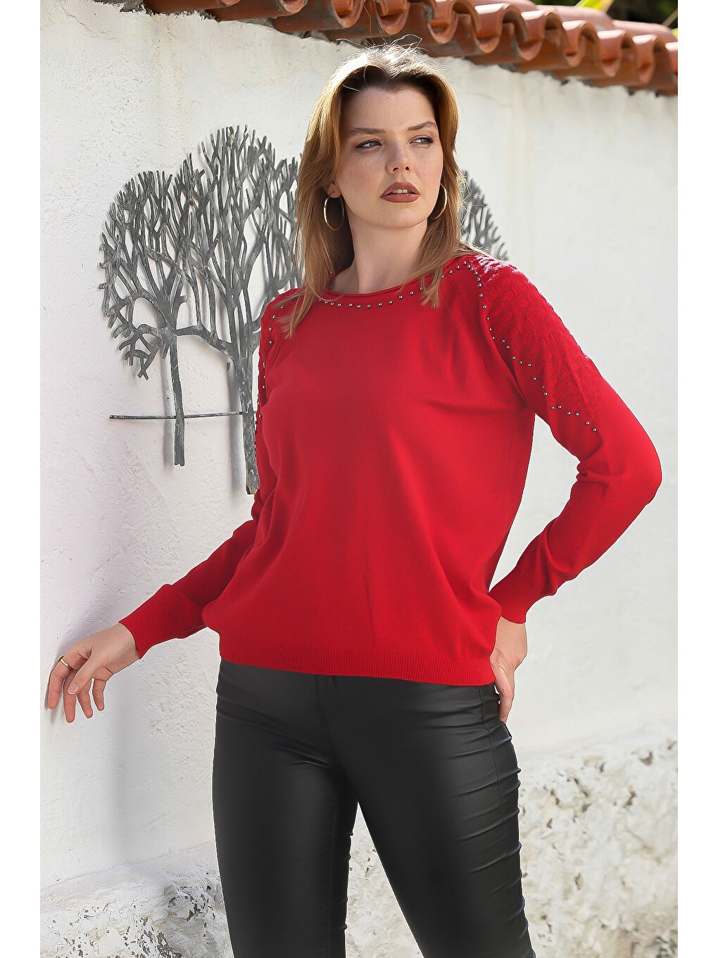 Kırmızı Havuz Yaka Uzun Kol Troklu Casual Ajur Örgü Triko Kazak 65 60-4