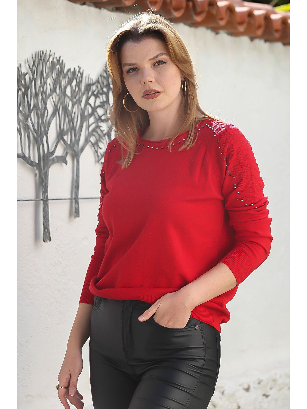 Kırmızı Havuz Yaka Uzun Kol Troklu Casual Ajur Örgü Triko Kazak 65 60-6