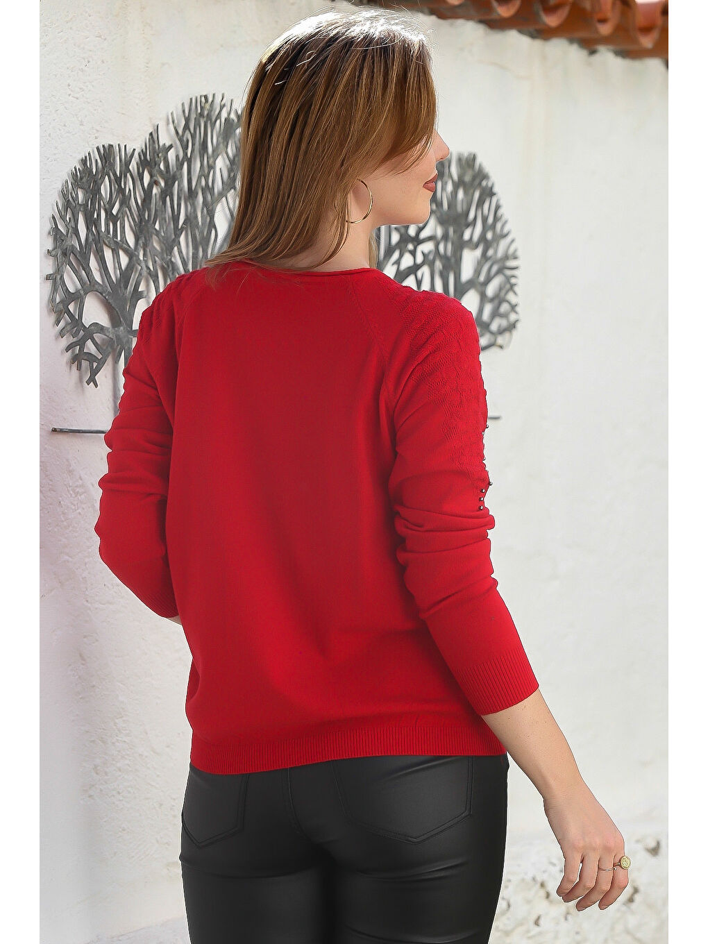 Kırmızı Havuz Yaka Uzun Kol Troklu Casual Ajur Örgü Triko Kazak 65 60-7