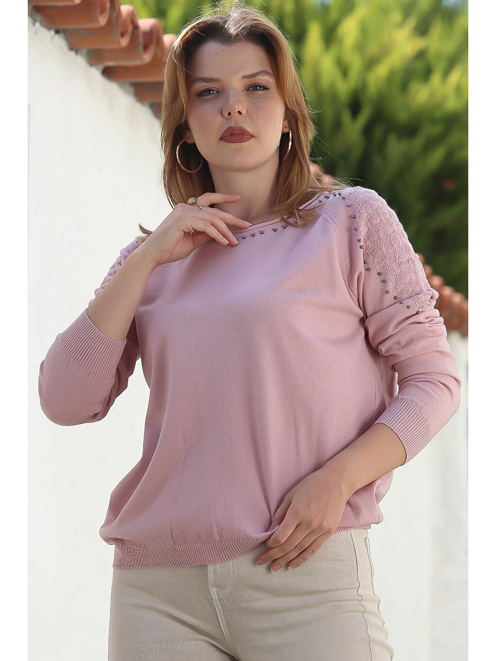 Pembe Somon Rengi Havuz Yaka Uzun Kol Troklu Casual Ajur Örgü Triko Kazak 65 60-5