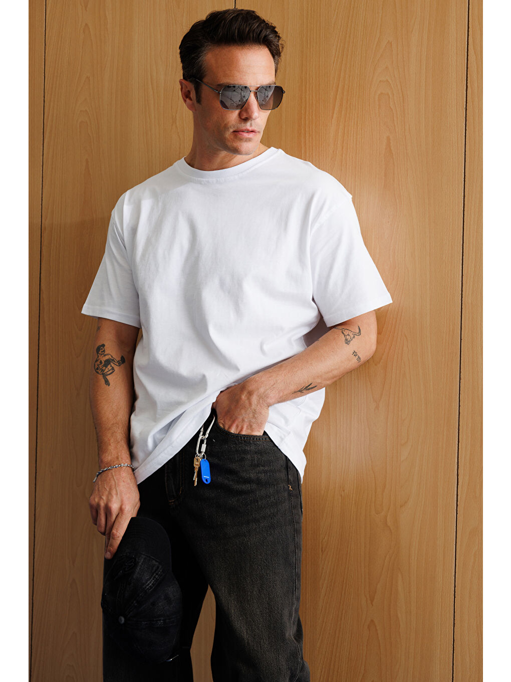 Beyaz Erkek Oversize Fit %100 Organik Pamuk Bisiklet Yaka Tişört-1