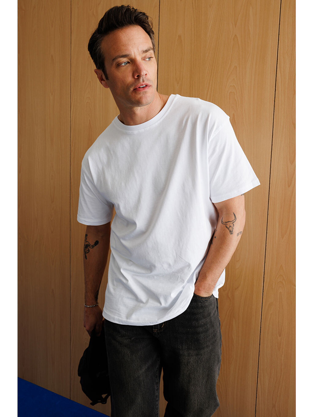 Beyaz Erkek Oversize Fit %100 Organik Pamuk Bisiklet Yaka Tişört-2