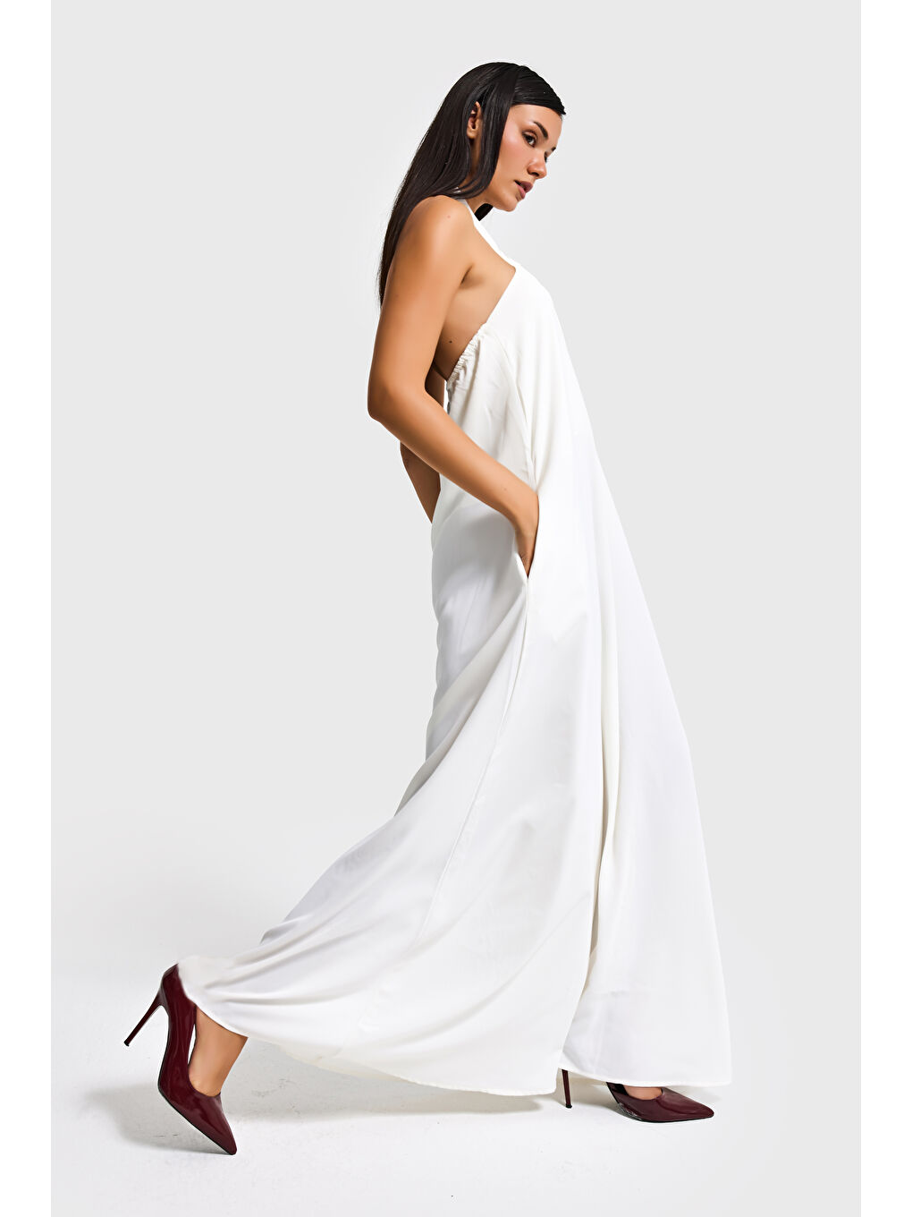 Kadın Ekru Renk Bol Kesim Kravat Detaylı Boyundan Bağlamalı Tasarım Elbise-3