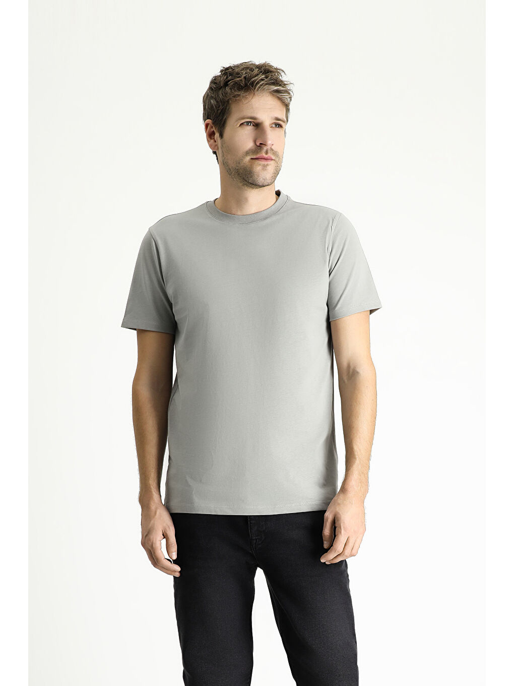 Gri Bisiklet Yaka Slim Fit Dar Kesim Süprem Pamuk %100 Pamuk Tişört