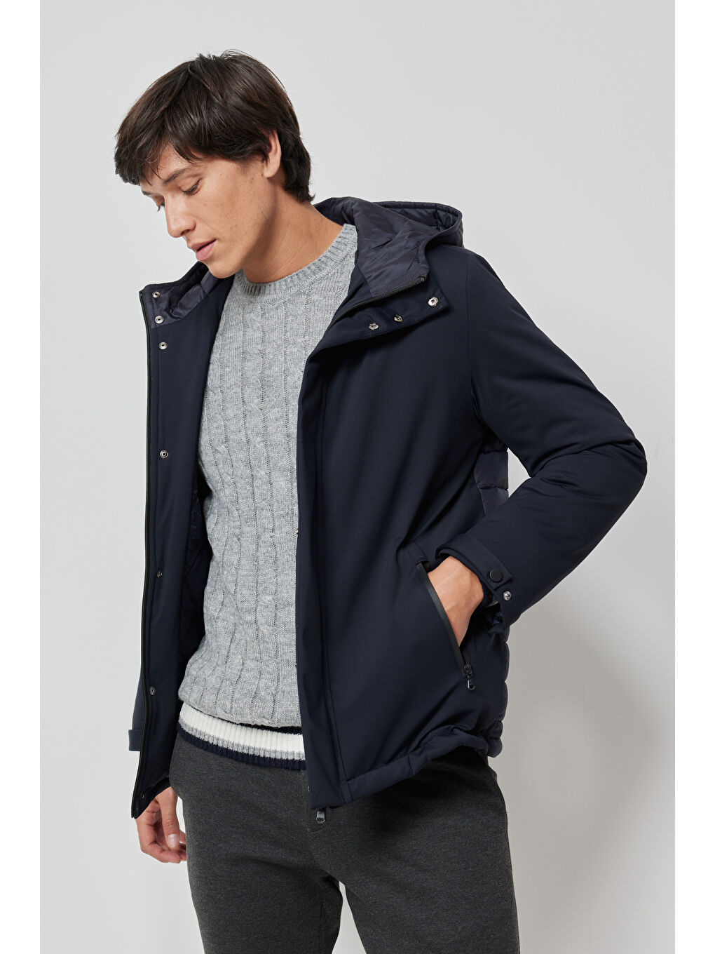 Erkek Lacivert Standart Fit Normal Kesim Dik Yaka Kışlık Kaban-1