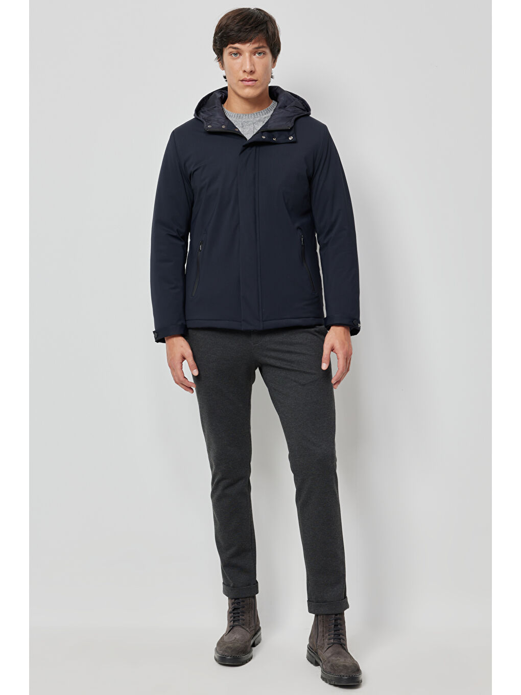 Erkek Lacivert Standart Fit Normal Kesim Dik Yaka Kışlık Kaban-3