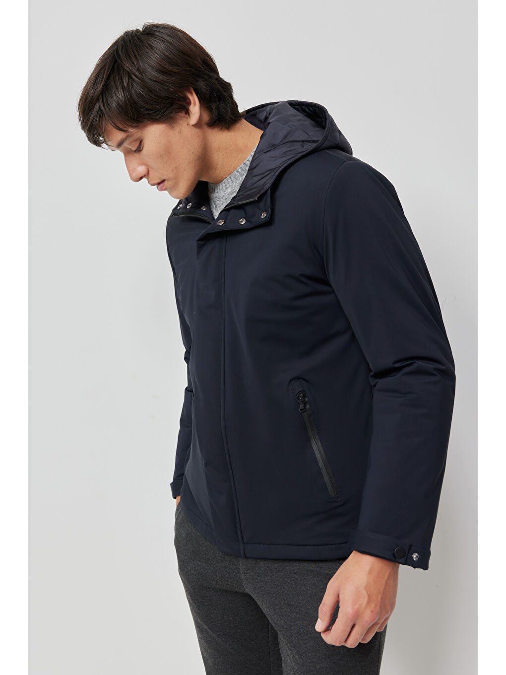 Erkek Lacivert Standart Fit Normal Kesim Dik Yaka Kışlık Kaban-4