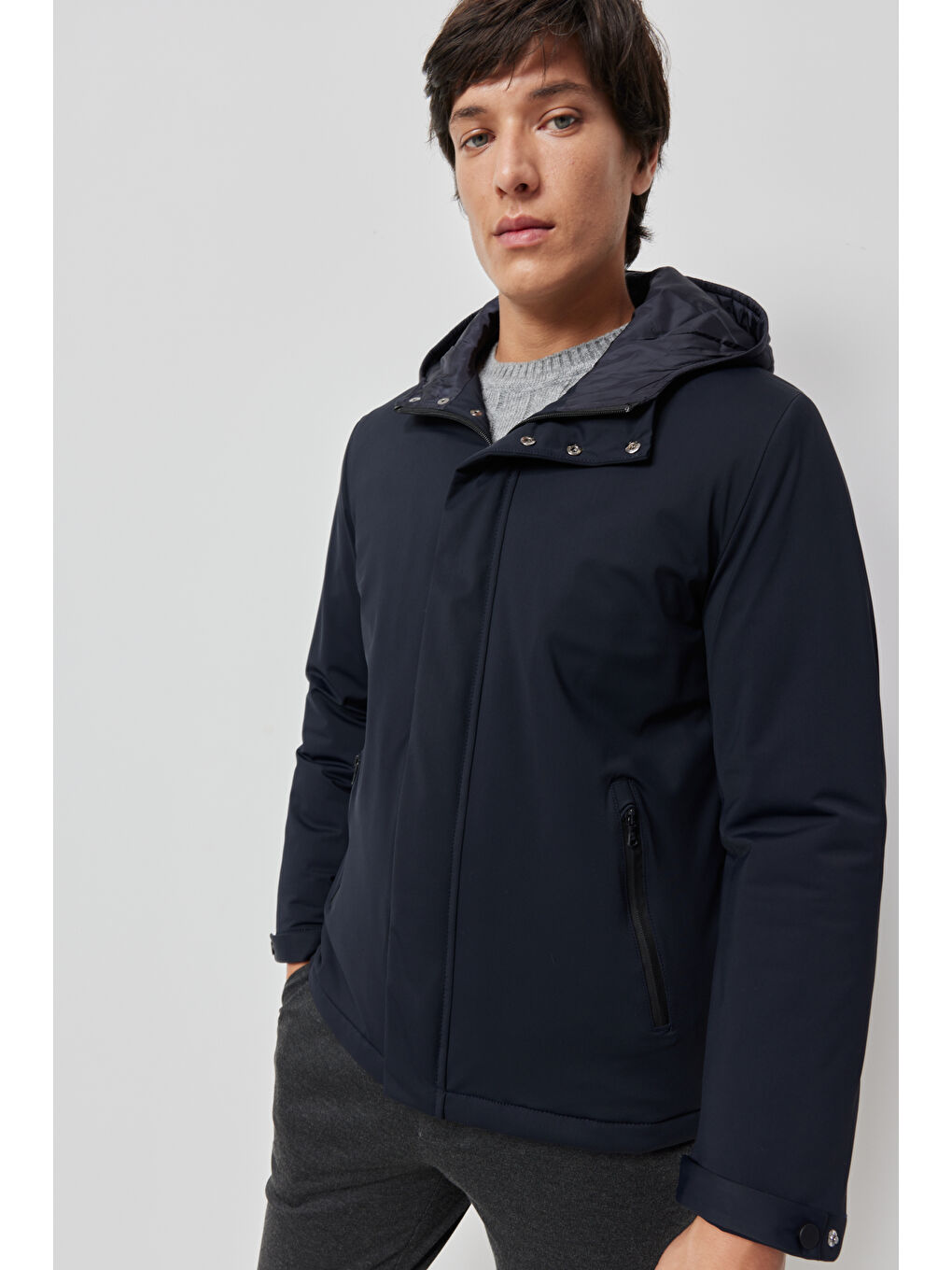 Erkek Lacivert Standart Fit Normal Kesim Dik Yaka Kışlık Kaban-5